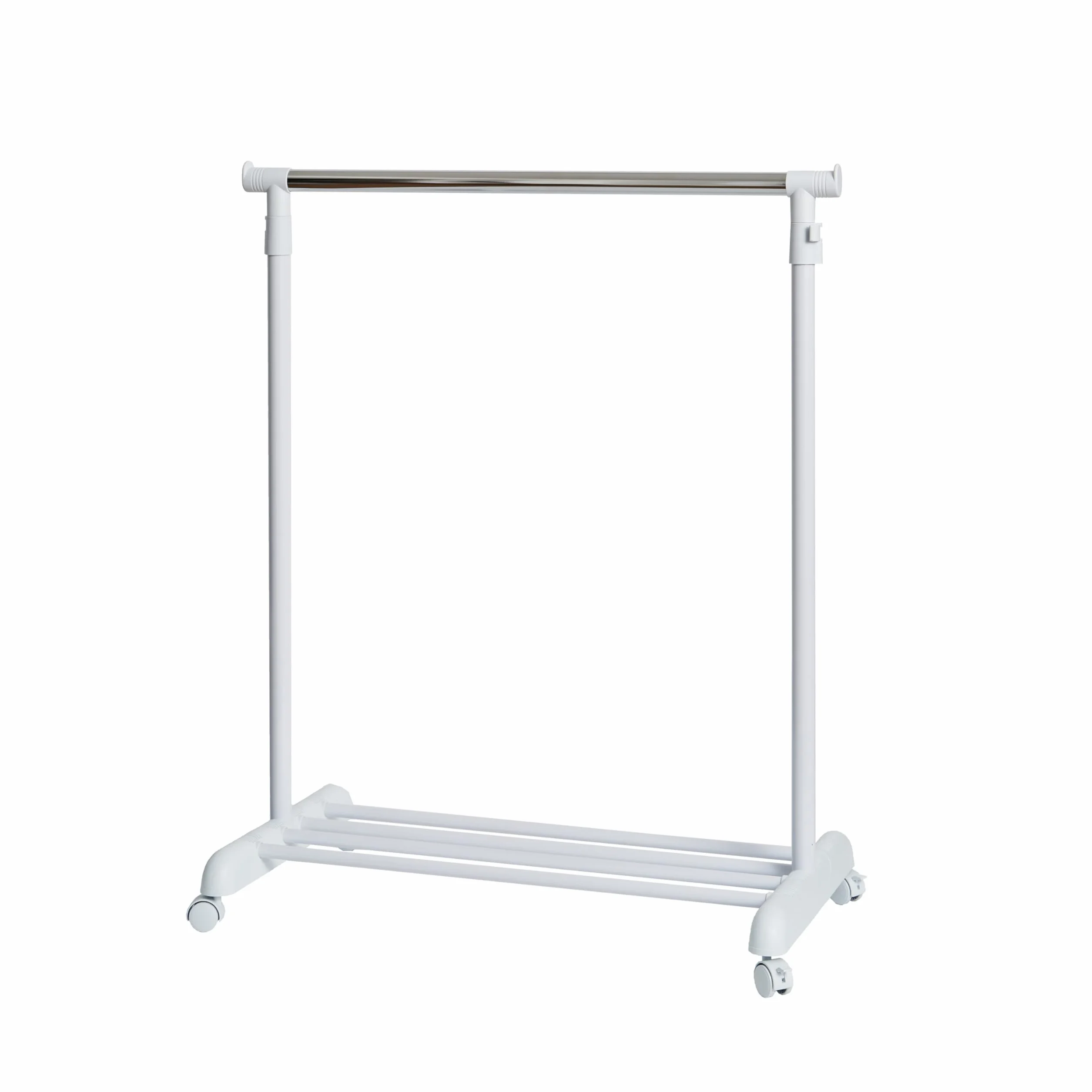 LOVE !T STORE !T Wieszak na ubrania z regulacją wysokości – stabilny wieszak na ubrania – wózek garderobiany na kółkach z półką na buty – 84 x 44 x 101 – 165 cm – biały/chrom