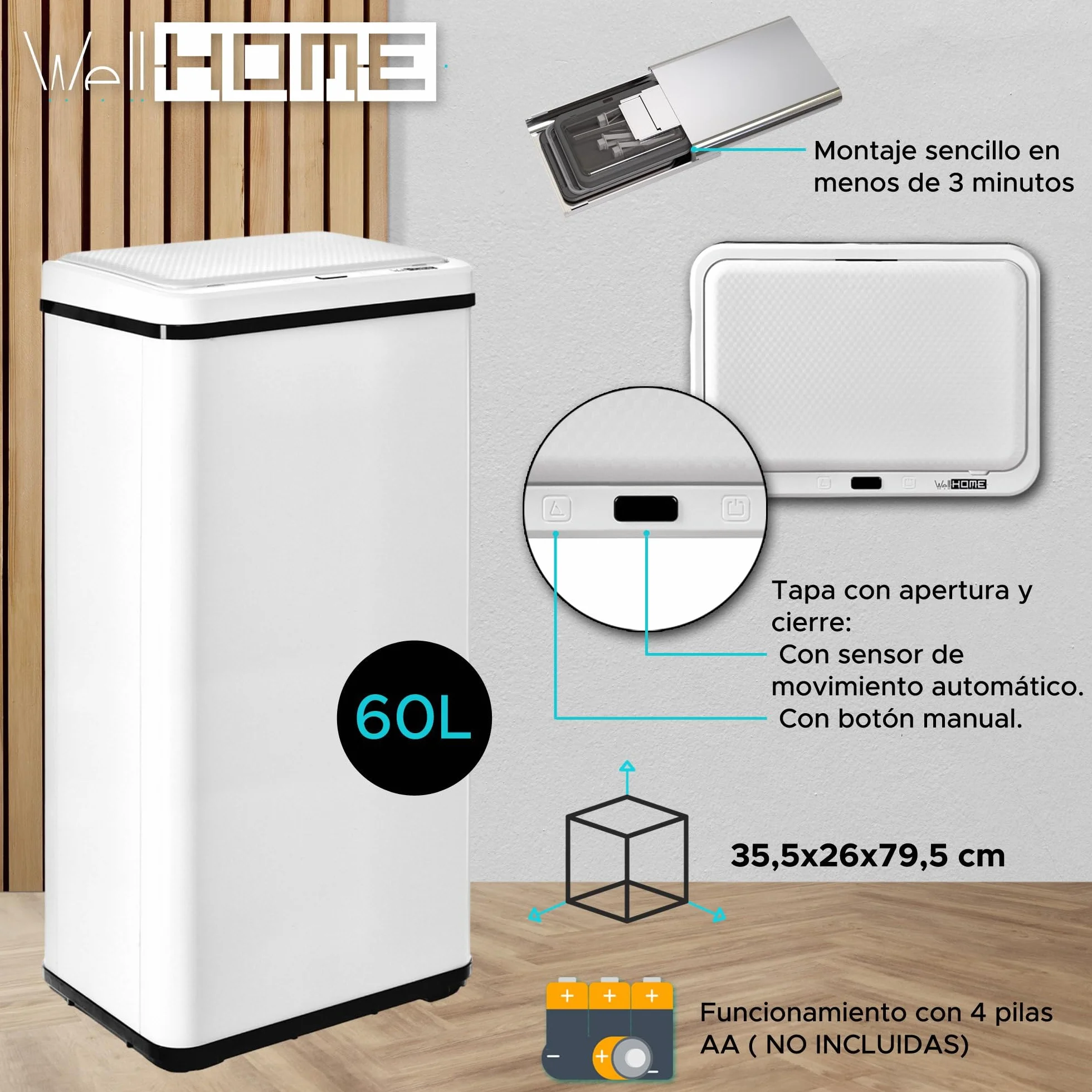 WELL HOME inteligentny kosz na śmieci bez nóżek z automatycznym otwieraniem lub kontaktem ręcznym, 60 l, wysokość: 79,5 (x 35,5 x 26), biały