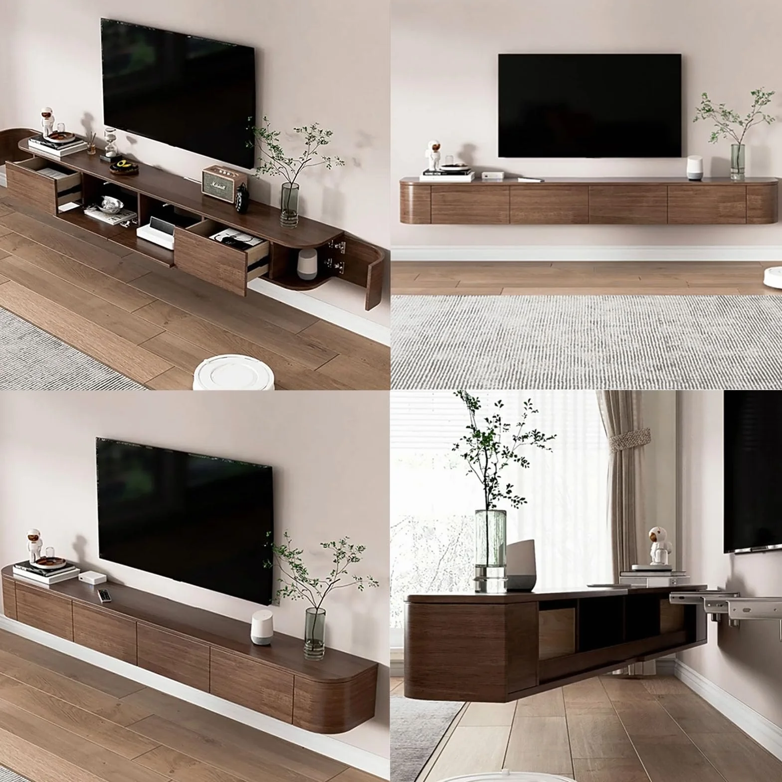 Pływająca konsola telewizyjna, szafka ścienna, szafka do przechowywania, szafka pod telewizor z szufladami i routerem (brązowa B + LED, 200 x 20 x 30 cm)