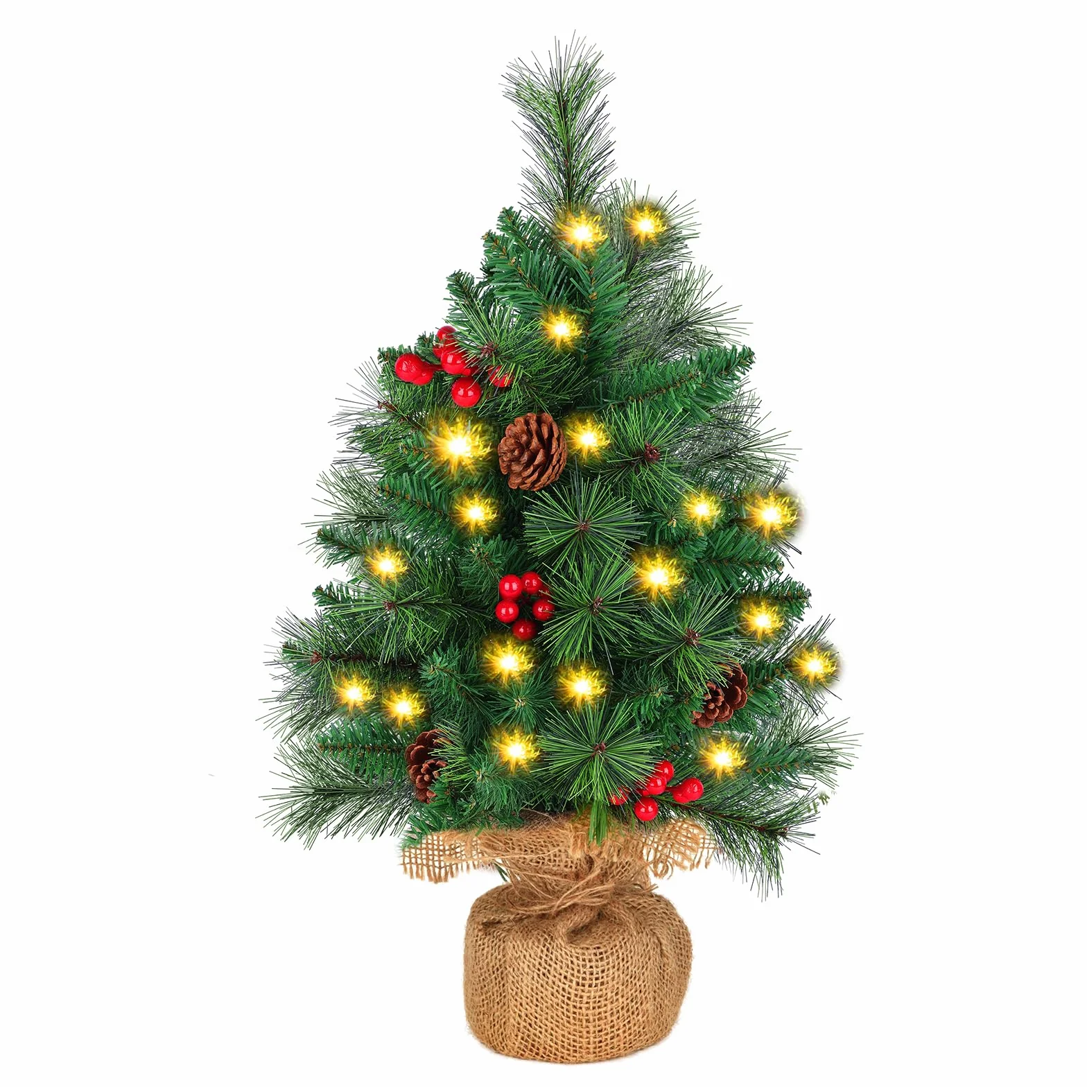 Choinka z oświetleniem, mała choinka: 55 cm, mini stół, choinka z oświetleniem LED 2 m, sztuczna dekoracja bożonarodzeniowa, zielona choinka na stół, do biura, na zewnątrz