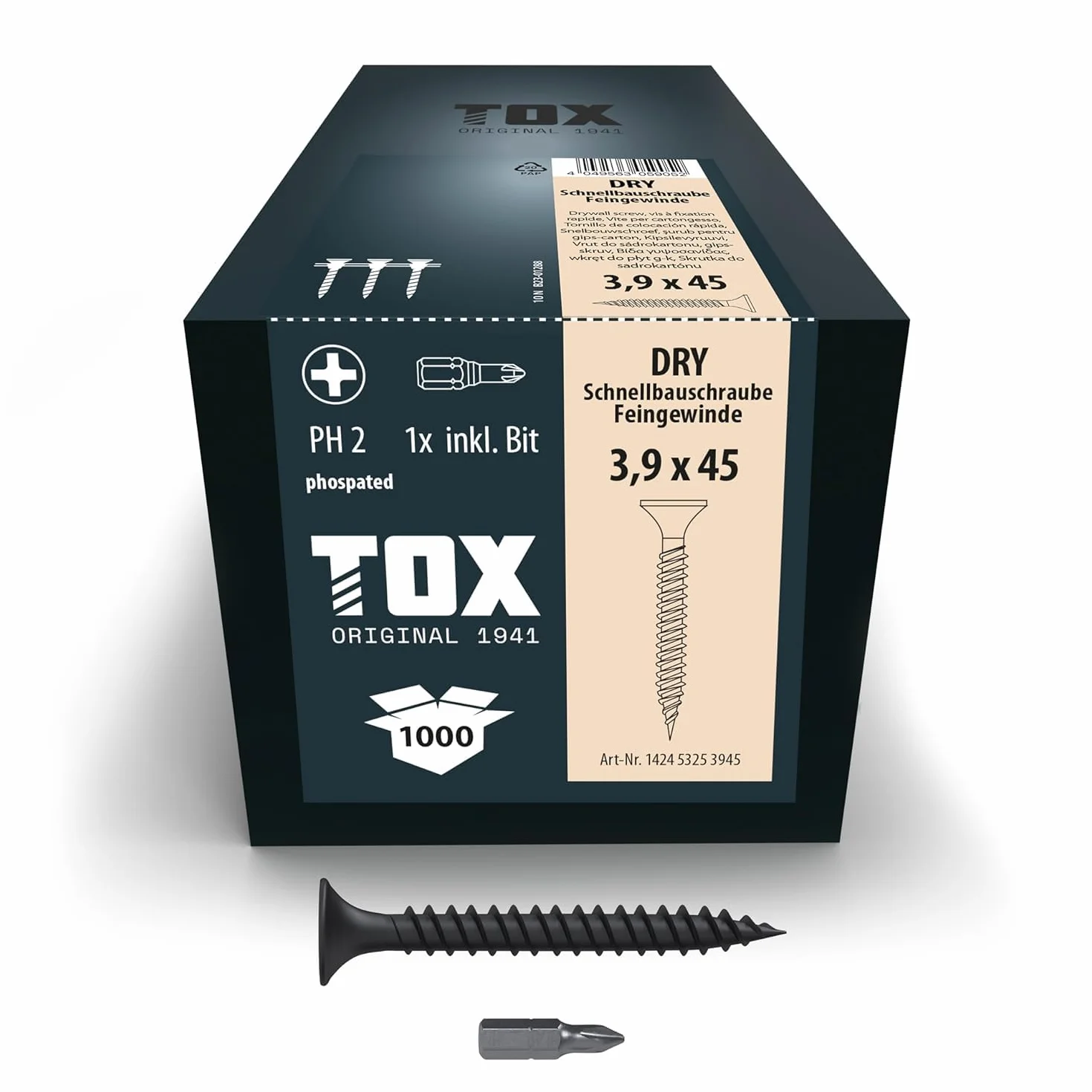 TOX Wkręty do szybkiego montażu DRY FG 3,9 x 35 mm, śruby czarne fosforanowane z głowicą trąbki + drobny gwint, płyta gipsowo-kartonowa na metalowej konstrukcji podłoży, PH2, 1000 sztuk, w zestawie 1