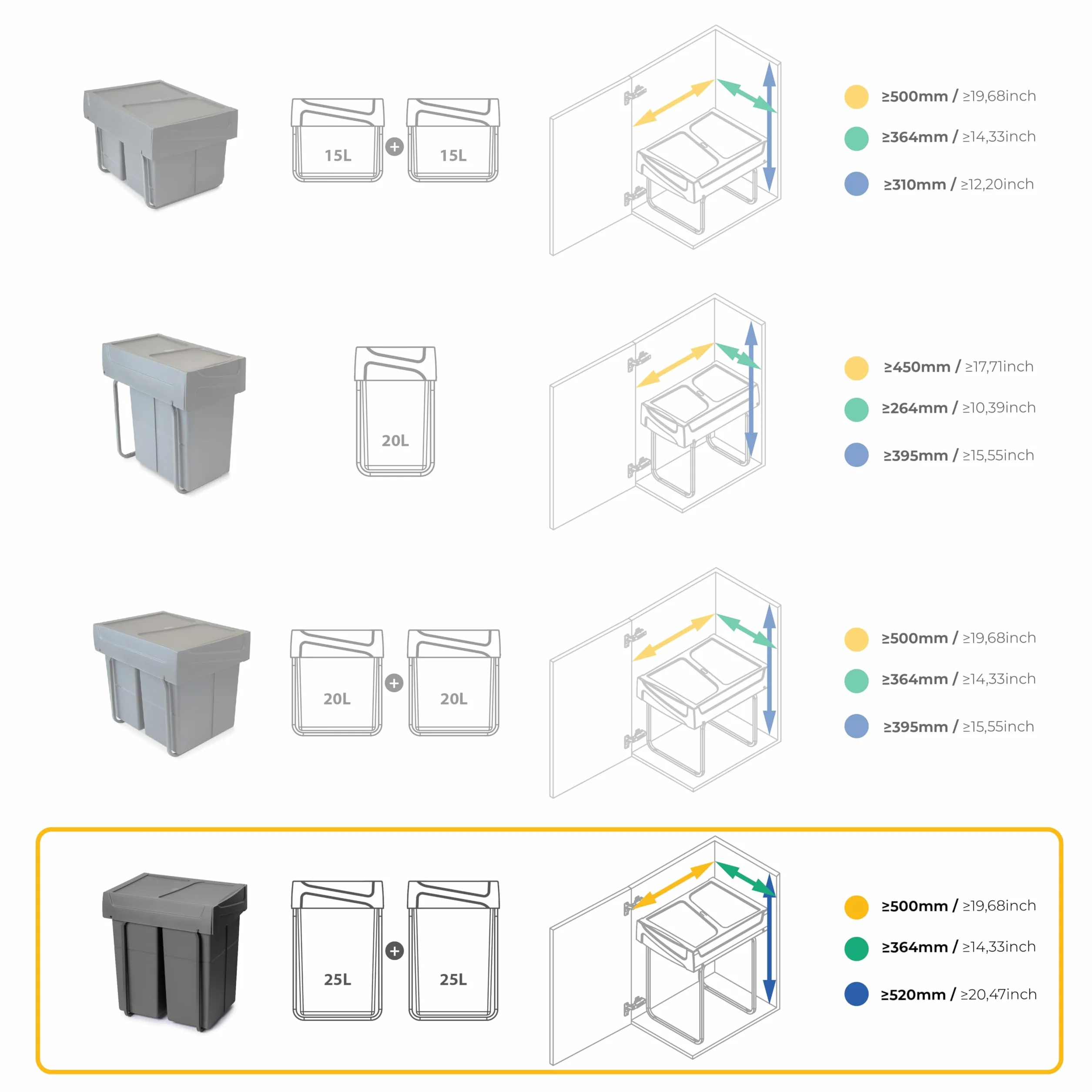 Emuca - Pojemnik do recyklingu 2x25 litrów, mocowanie dolne, wysuw manualny, Plastik, Szary antracytowy
