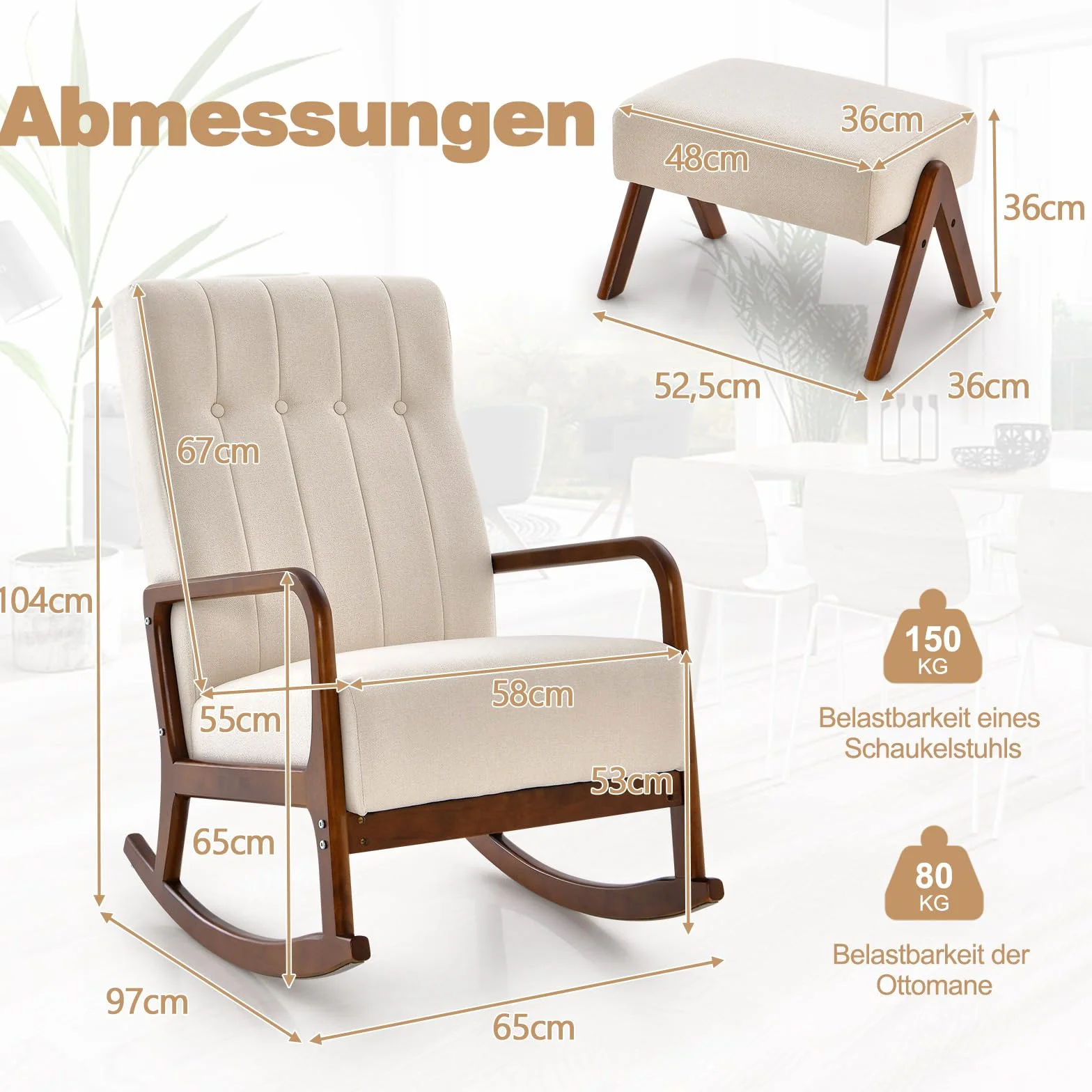 COSTWAY Fotel bujany z taboretem, tapicerowany, fotel bujany, do 150 kg, krzesło relaksacyjne z podłokietnikami i masywną ramą drewnianą, fotel relaksacyjny do sypialni, salonu, 65 x 97 x 104 cm