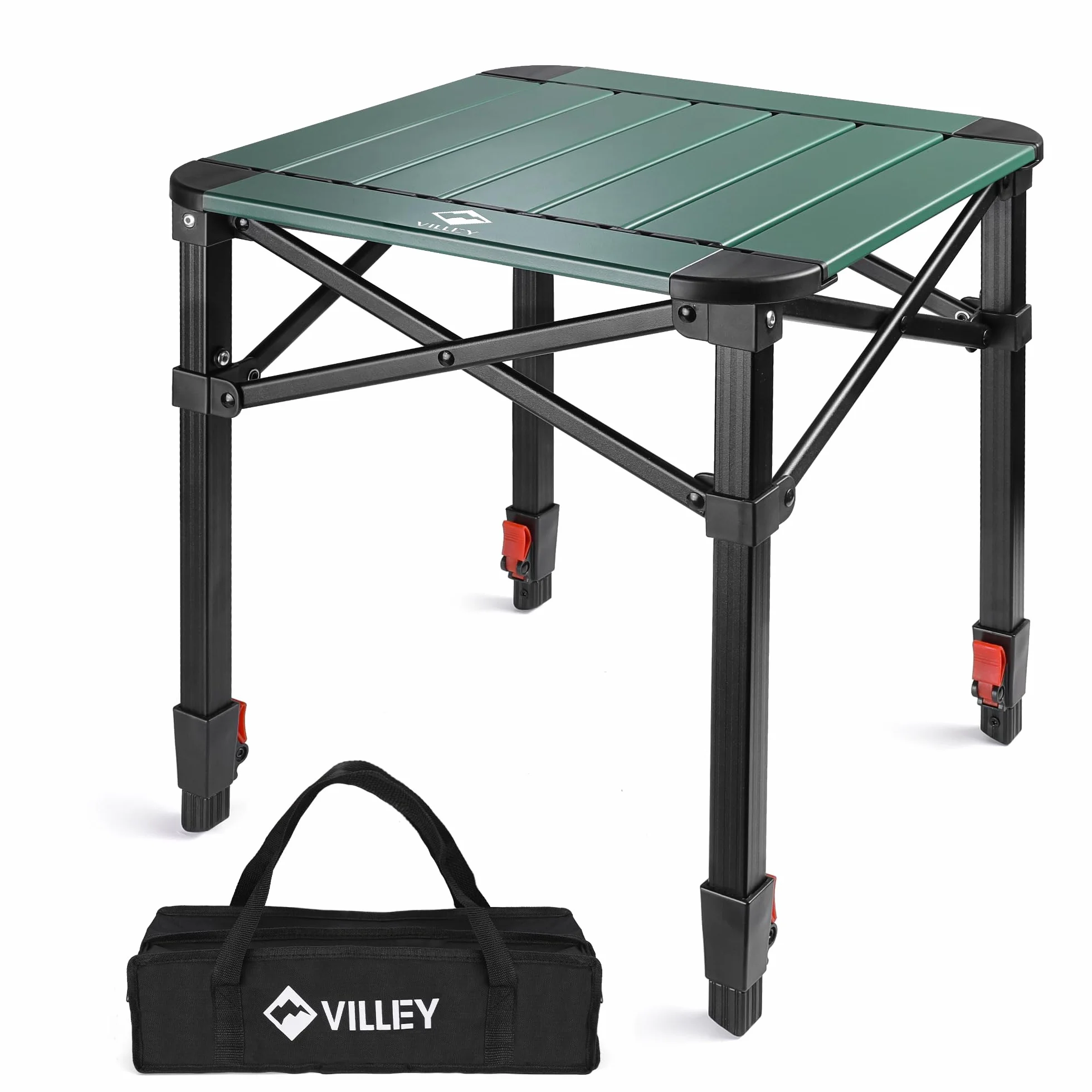 VILLEY Aluminiowy składany stół z torbą do przenoszenia, składany stół kempingowy z aluminium, składany stół balkonowy, stół ogrodowy na piknik, kemping i plażę na świeżym powietrzu, 40 x 40 x 53 cm