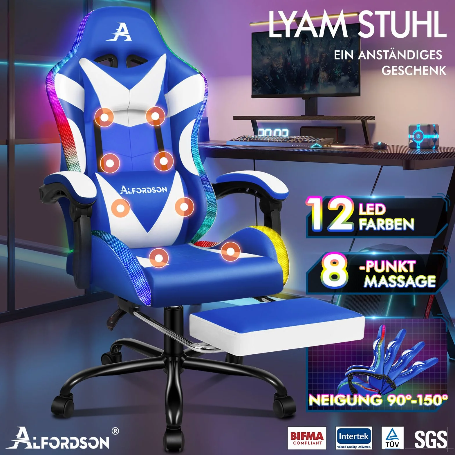 ALFORDSON Fotel biurowy, fotel gamingowy, ergonomiczny fotel dla graczy z podnóżkiem, zagłówek, poduszka lędźwiowa, krzesło obrotowe, udźwig 180 kg, niebiesko-biały