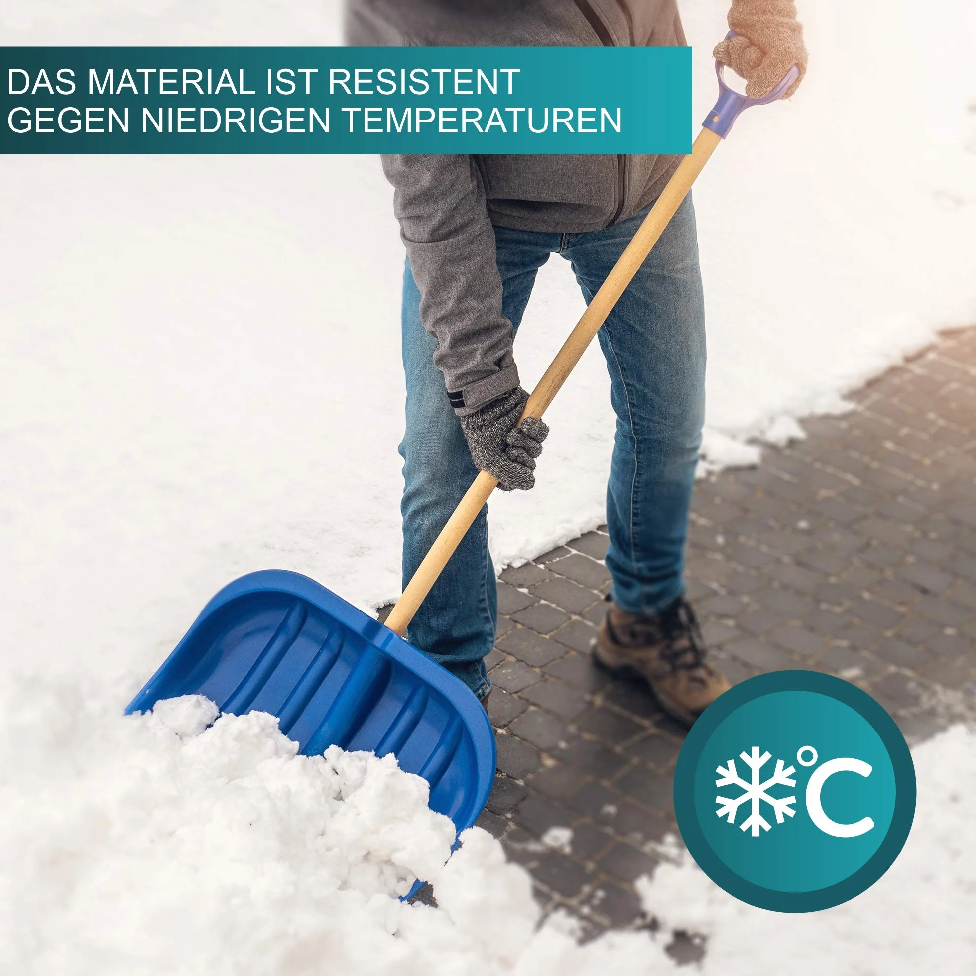 KADAX Plastikowa łopata do śniegu, szerokość: 49 cm, wyprofilowana szufla do odśnieżania z długim trzonkiem, łopata z uchwytem w kształcie litery D (drewniany trzonek, niebieski)