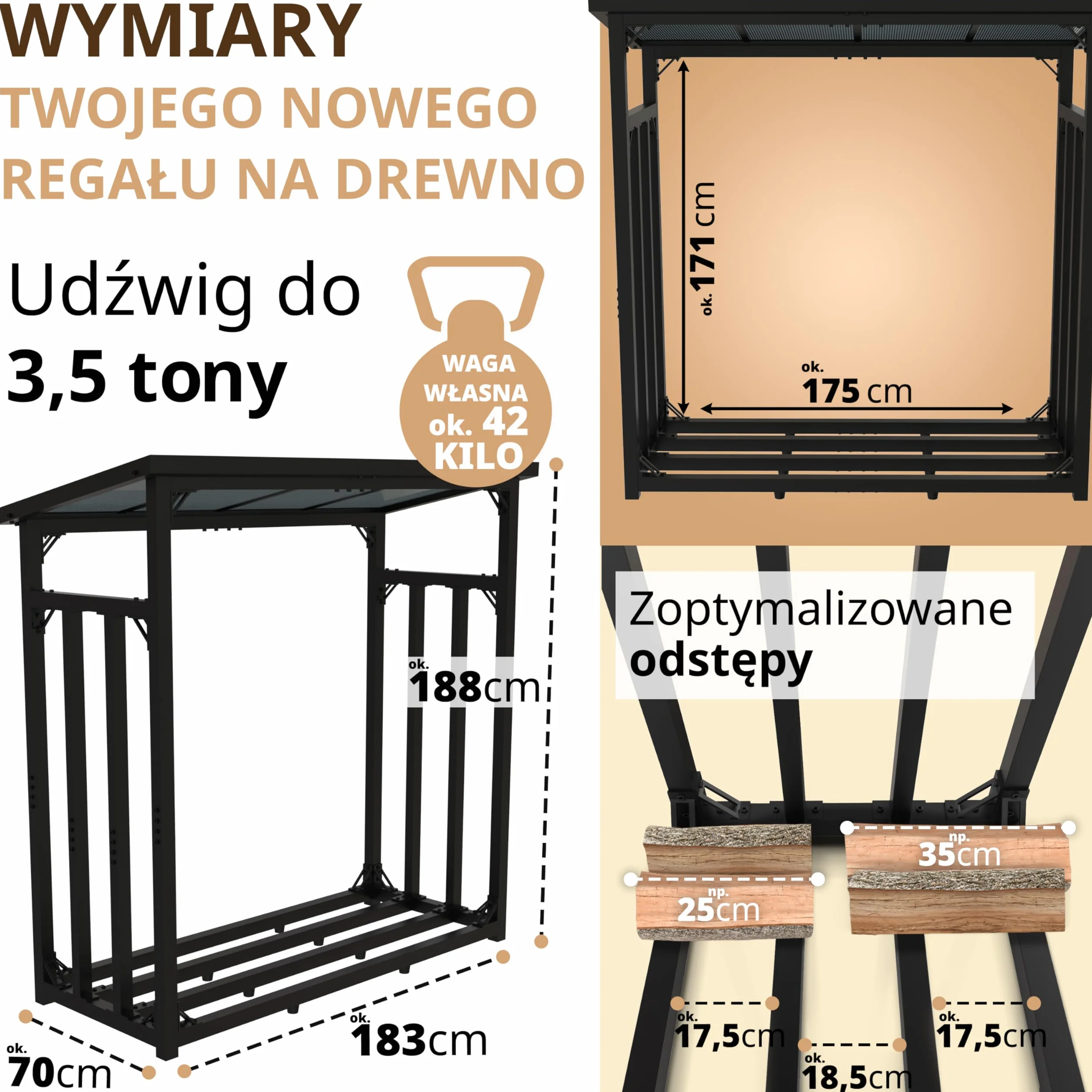 Regał na drewno opałowe zewnętrzny z dachem, ocynkowany, 188 x 70 x 188 cm 45 kg, stojak do układania w stos, nośność 3 t regał na drewno kominkowe metal z pokrywą czarny