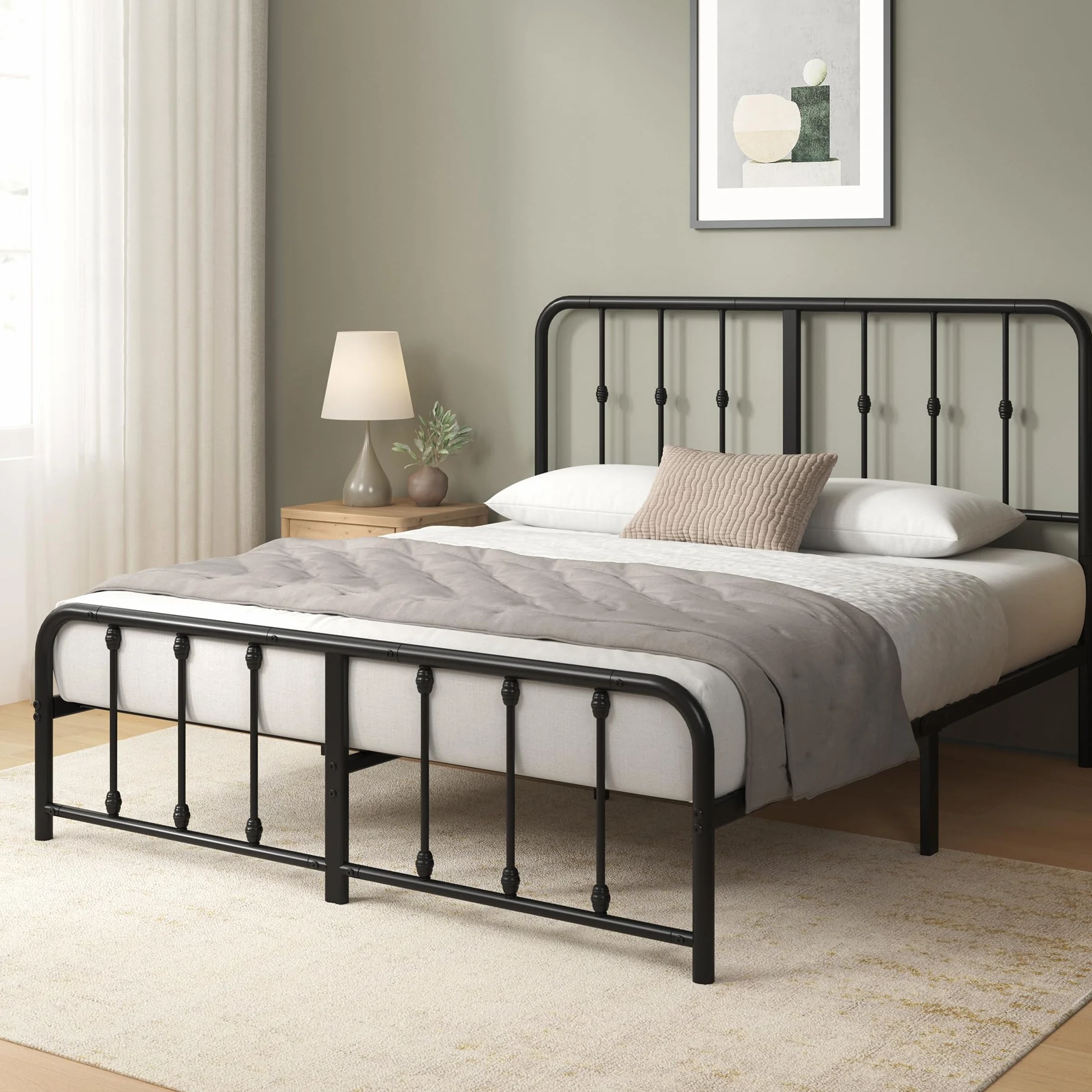 Zinus Florence Łóżko 140 x 200 cm – 35 cm wysokości – metalowa rama łóżka z zagłówkiem i podnóżkiem – łóżko ze stelażem – rama łóżka w stylu vintage – miejsce do przechowywania pod łóżkiem – czarne