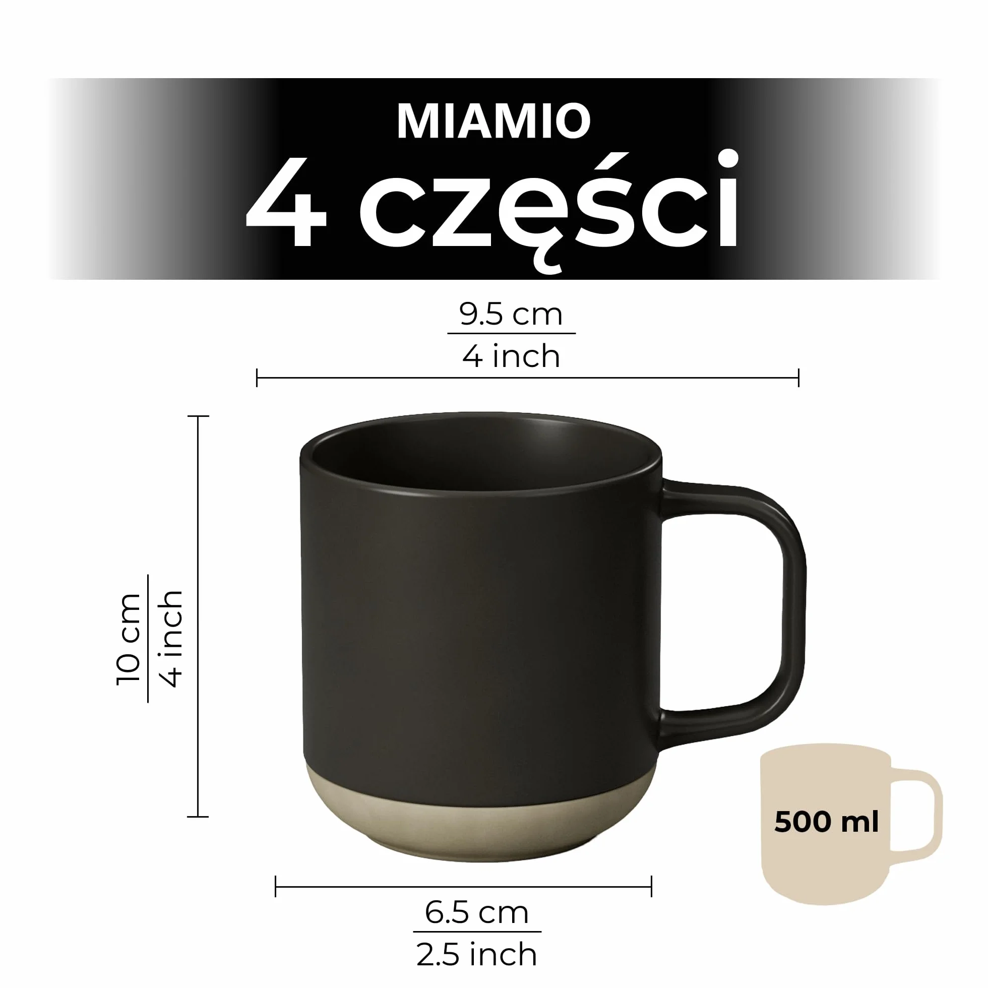 MIAMIO – Zestaw 4 Kubków do Kawy/Ceramiczne Filiżanki na Kawę (500 ml), Cappuccino, Latte Macchiato, Herbatę, Espresso/Można Myć w Zmywarce i Używać – Kolekcja Sierra (Ciemny, Kubki (4x))