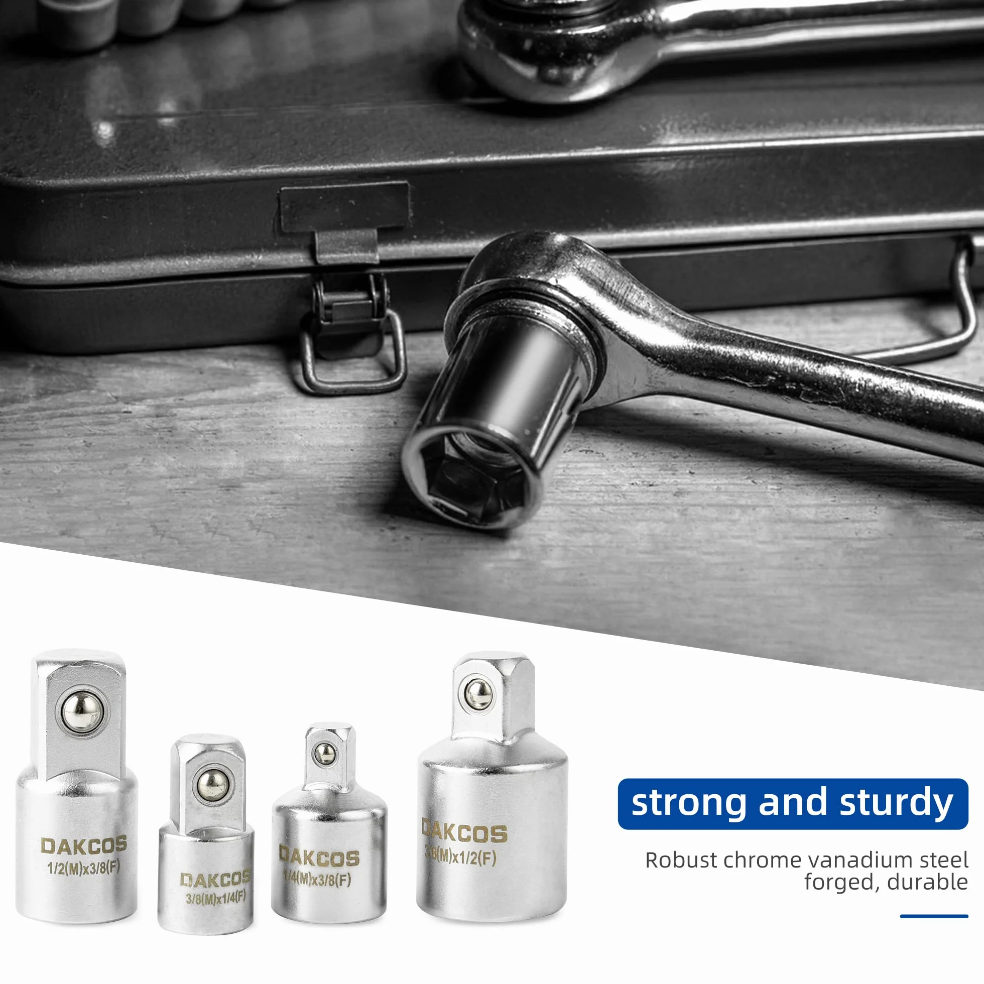 DAKCOS 4-częściowy zestaw adapterów nasadowych i reduktorów do konwersji napędu 1/4" - 3/8" - 1/2", stal chromowo-wanadowa