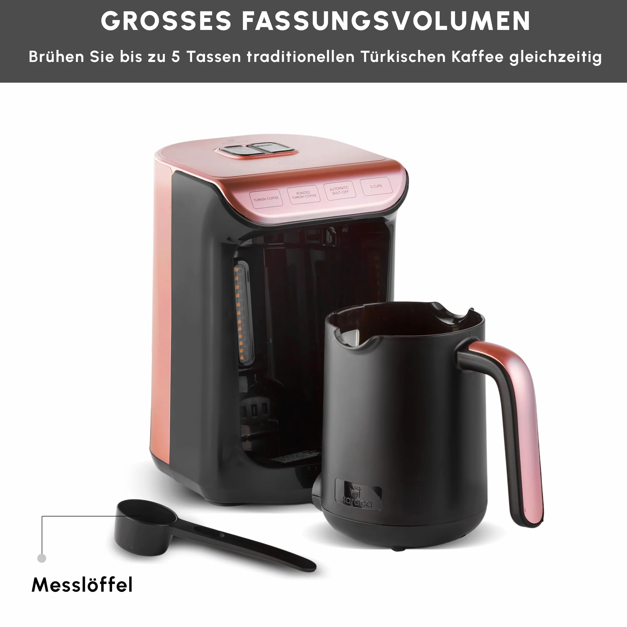 KARACA Hatır Roast turecki ekspres do kawy w kolorze różowego złota, pojemność 5 filiżanek, duża ilość piany, 535 W, system ostrzegania głosowego, system ostrzegania przed światłem, miarka, łatwe
