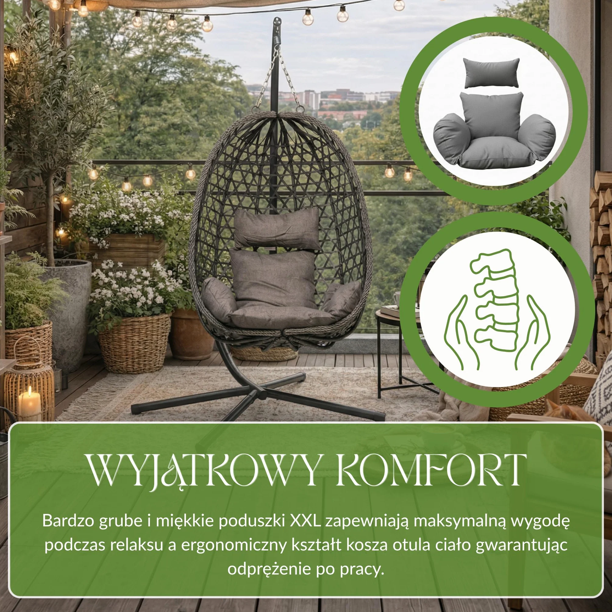 MEVEN AURA | Grafitowy Fotel Wiszący Ogrodowy Kokon na Stelażu | Kosz Technorattanowy Poduszki XXL Obciążenie 110kg | Nowoczesna Huśtawka na Taras Balkon i do Salonu Relaks Meble Ogrodowe Premium