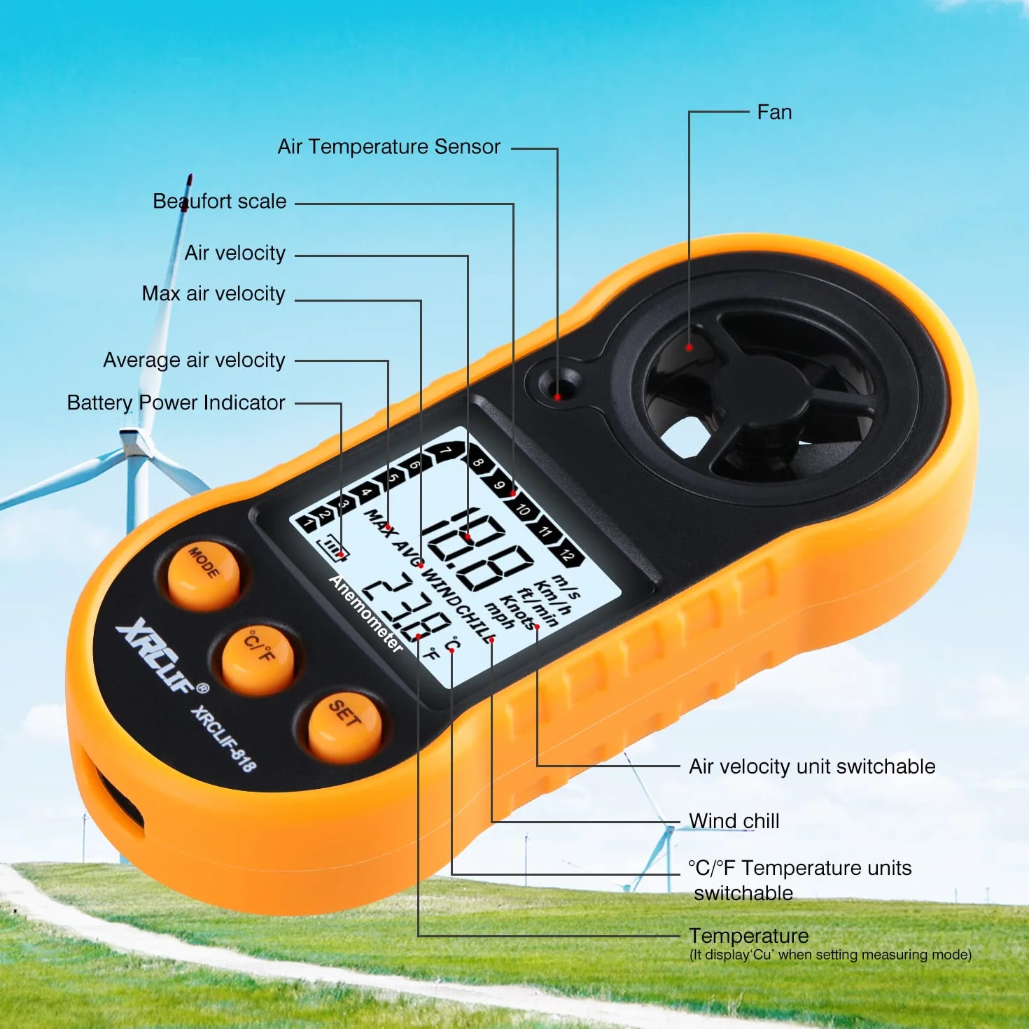 Cyfrowy anemometr ręczny, miernik prędkość wiatru i przepływu powietrza do pomiaru prędkości temperatury chłodu, termometr do strzelania, windsurfingu, wędkowania, polowania