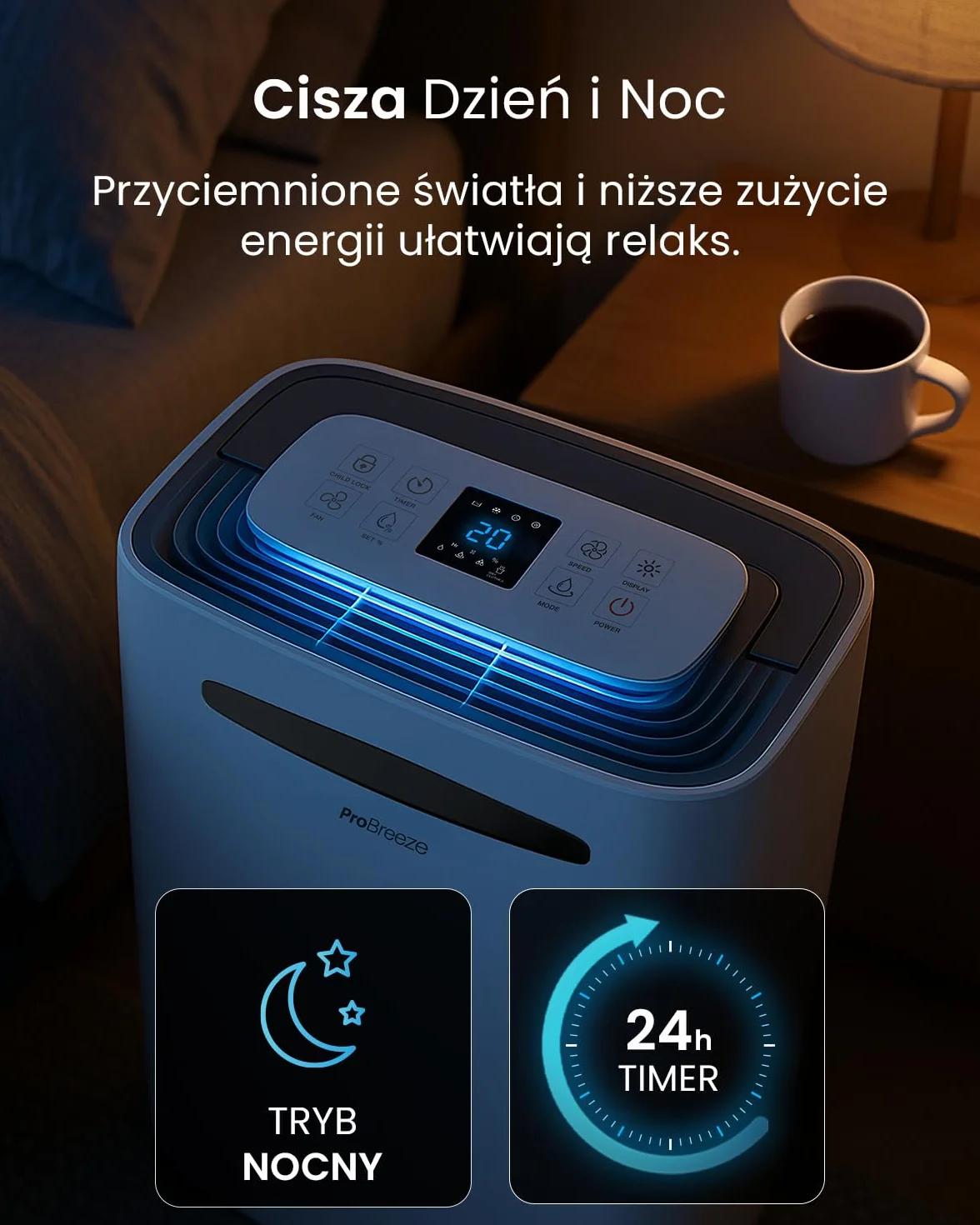 Osuszacz powietrza Pro Breeze 20 l/dobę z cyfrowym wyświetlaczem wilgotności, trybem uśpienia, ciągłym odprowadzaniem wody, suszeniem prania i 24-godzinnym wyłącznikiem czasowym