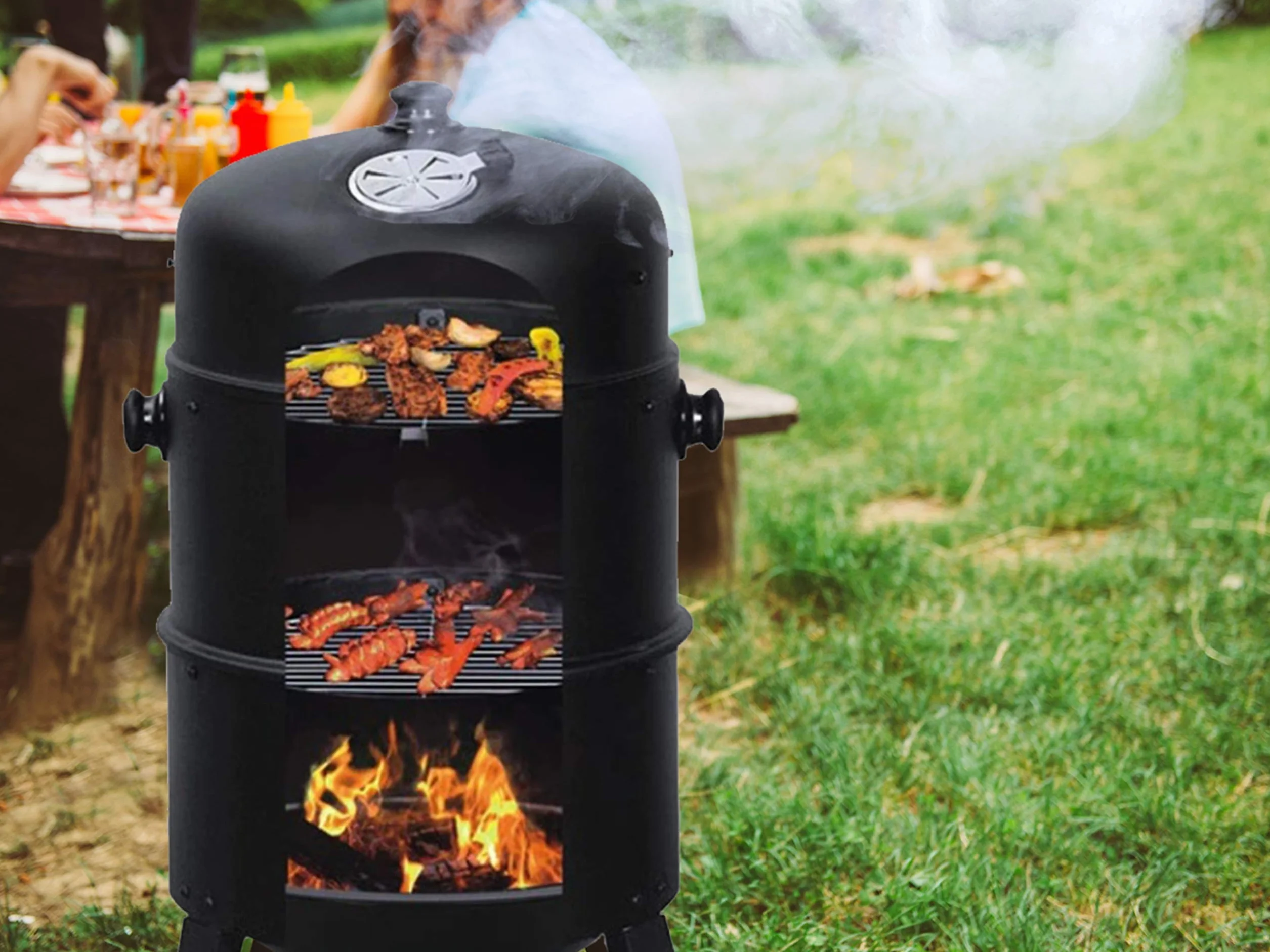GrillMaster Grill Węglowy SmokeHouse GM8000 + Wędzarnia + Termometr, Ogrodowy, Wędzenie, Gotowanie na Parze, Dwie Misy, Funkcja Paleniska