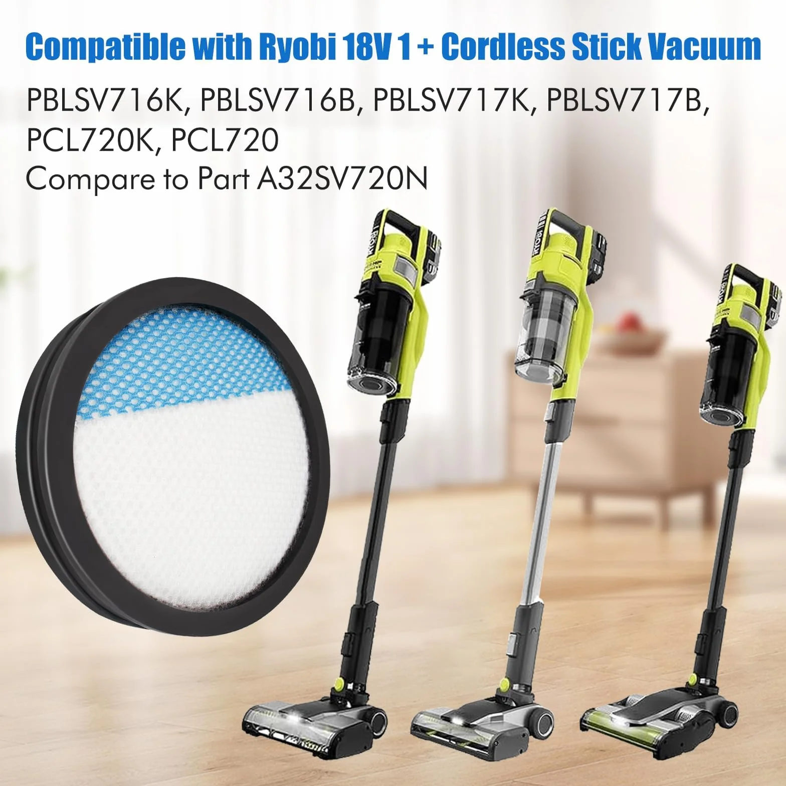 3-pak zmywalnych filtrów Hepa do Ryobi 18V 1+ bezprzewodowy odkurzacz kij PCL720 PBLSV716 A32SV720N