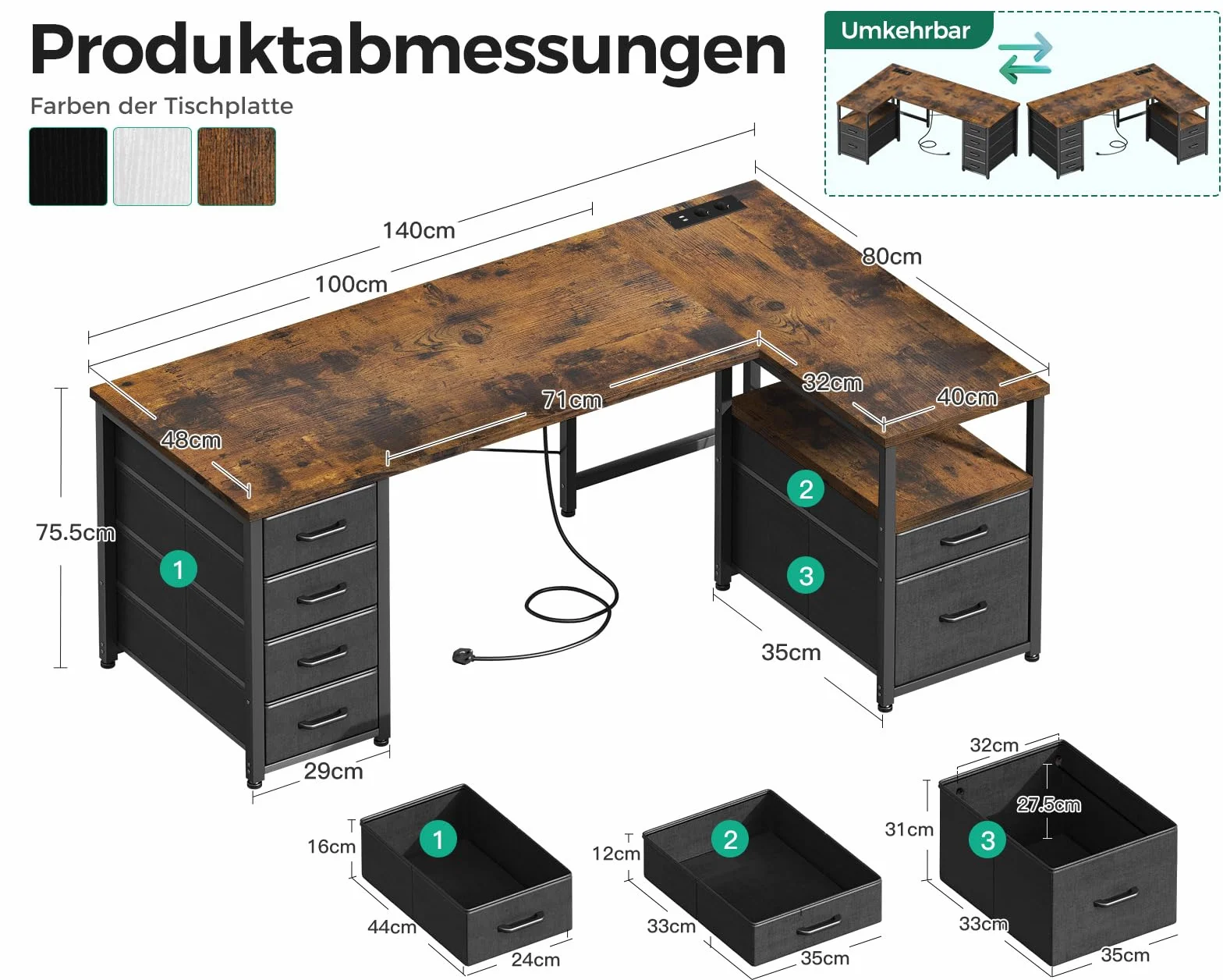 Coleshome Odwracalne Biurko Narożne z Szufladami z Tkaniny, 140x80cm Biurko w Kształcie L z Szufladą na Dokumenty, Biurko Komputerowe z Portem Ładowania USB i Gniazdkiem Elektrycznym (Brązowy)