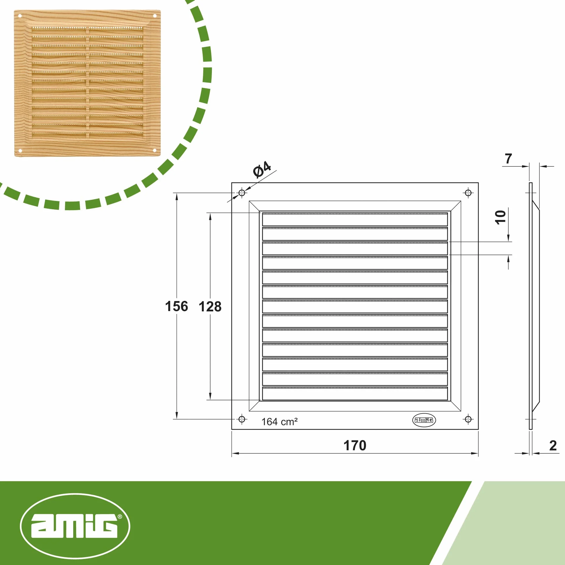 Amig - Kwadratowa kratka z tworzywa sztucznego z moskitierą - Otwory wentylacyjne do wylotu powietrza - Nadaje się do kuchni i łazienki sufitu - Wymiary: 170 x 170 mm - Kolor: sosna