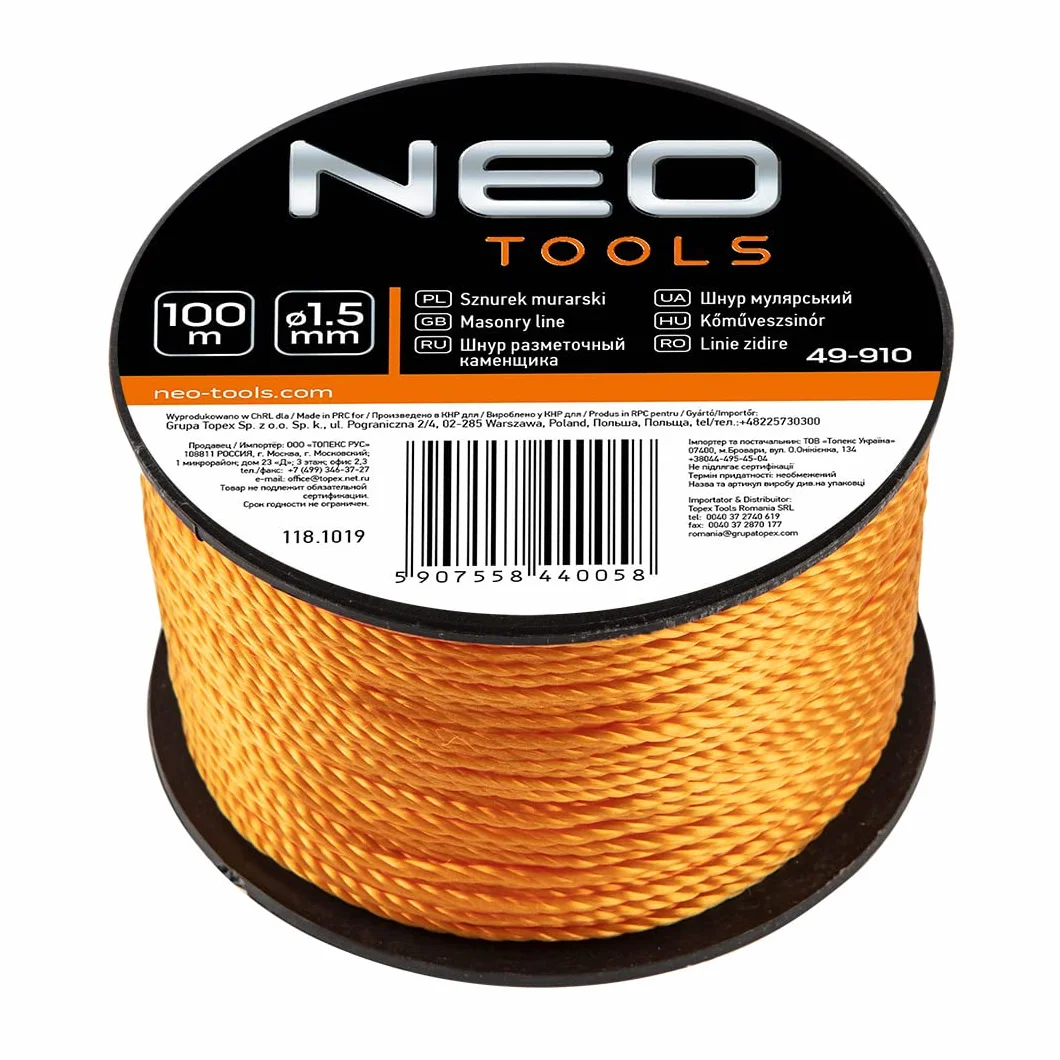 NEO TOOLS Sznurek murarski 1,5 mm, 50 m/100 m na szpuli, używany do rysowania linii prostych; szpula wykonana jest z tworzywa sztucznego; mocny, pleciony sznurek, odporny na rozerwanie (100 m)