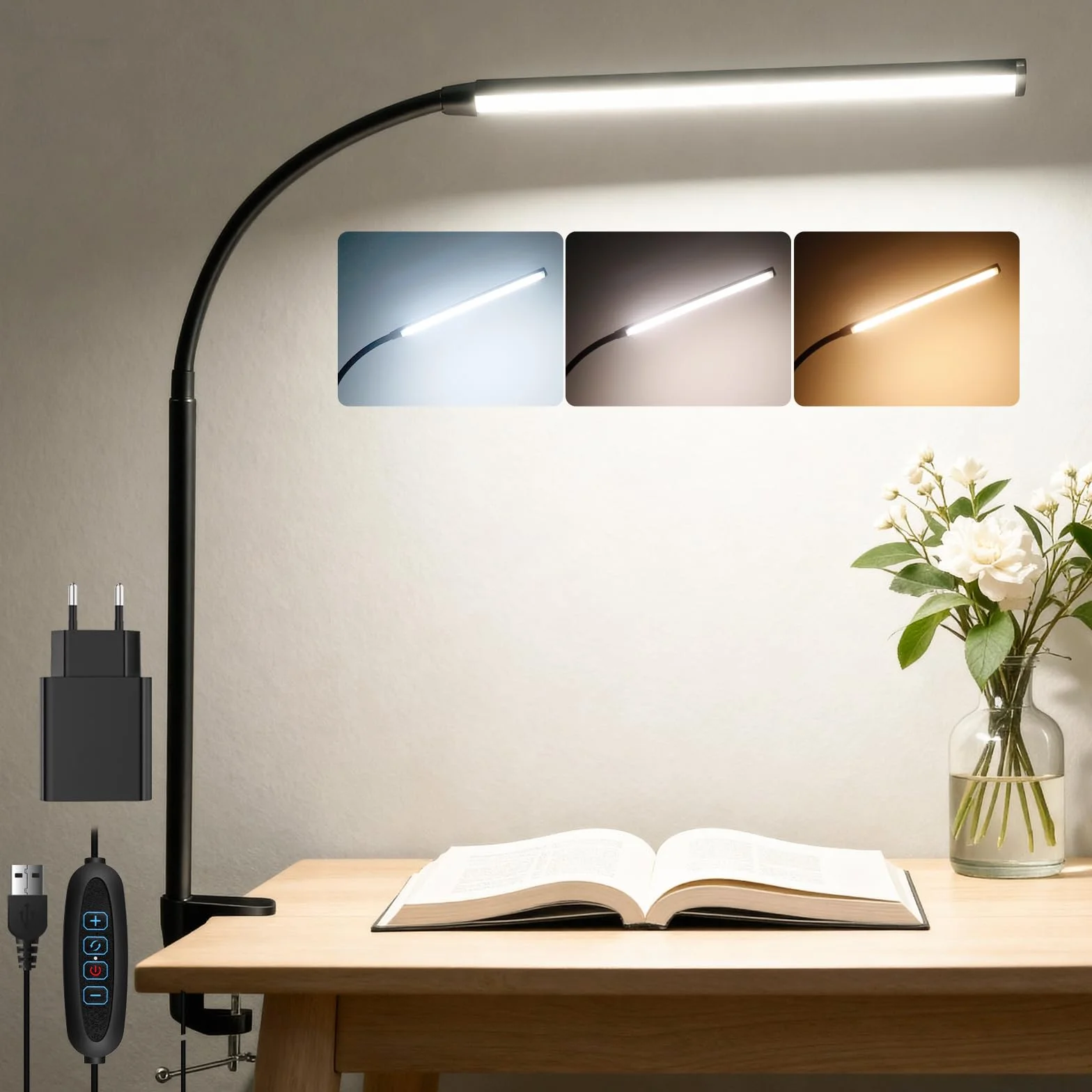 Akynite Lampa zaciskowa USB, adapter w zestawie, lampa do czytania, 3 kolory i 10 intensywności, elastyczna lampa biurkowa dla dzieci, klips do manicure stołowego, czarna