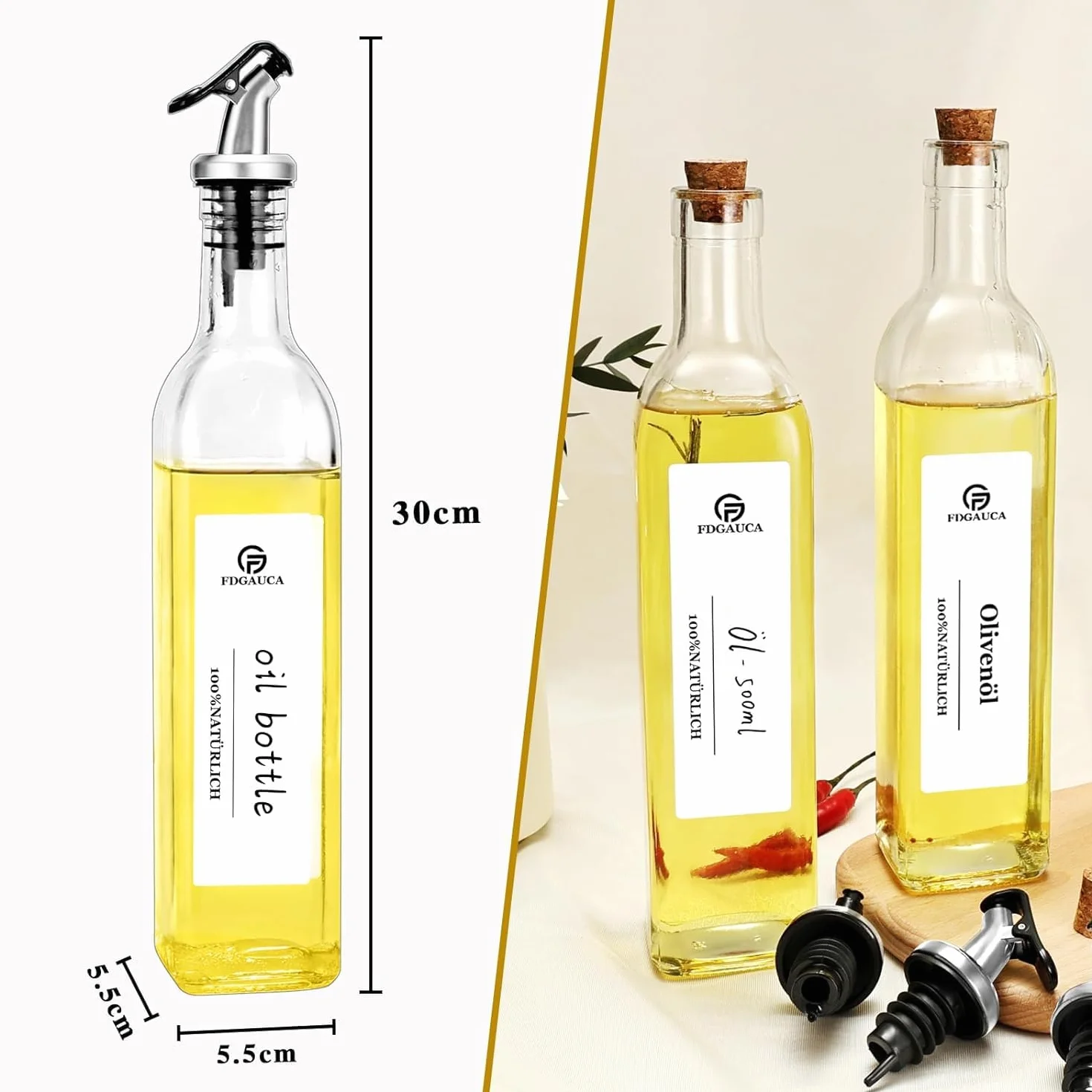 MRVNN Dozownik oleju szklany 500 ml 2 butelki z dzióbkiem srebrny butelka na oliwę z oliwek z etykietami DIY dozownik oleju i octu