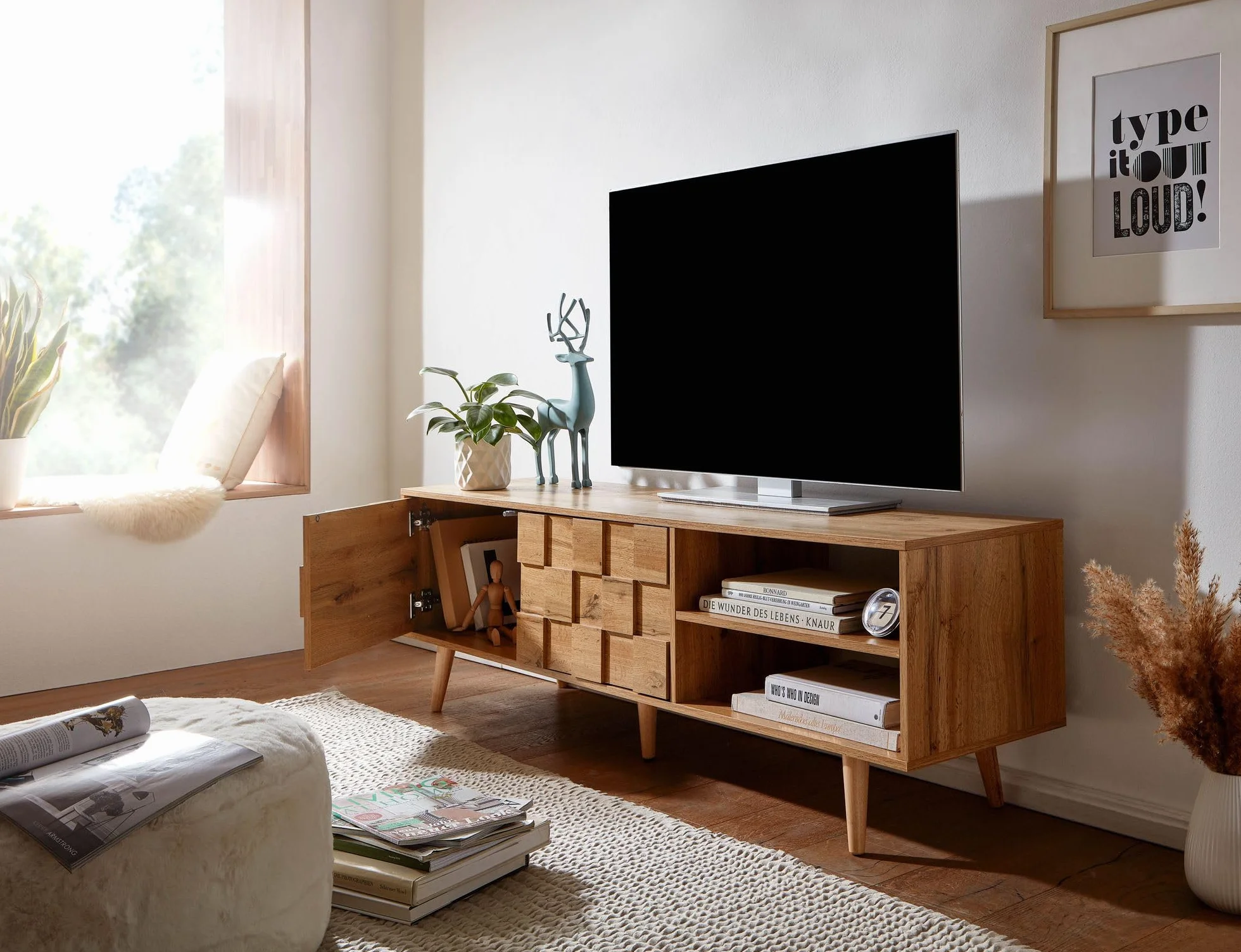 FineBuy drewno dębowe z niskim blatem dekor 160x51x40 cm Komoda RTV z dwojgiem drzwi | Zaprojektuj szafkę RTV wysoka | Szafka RTV Szafka RTV nowoczesna | Komoda TV salon