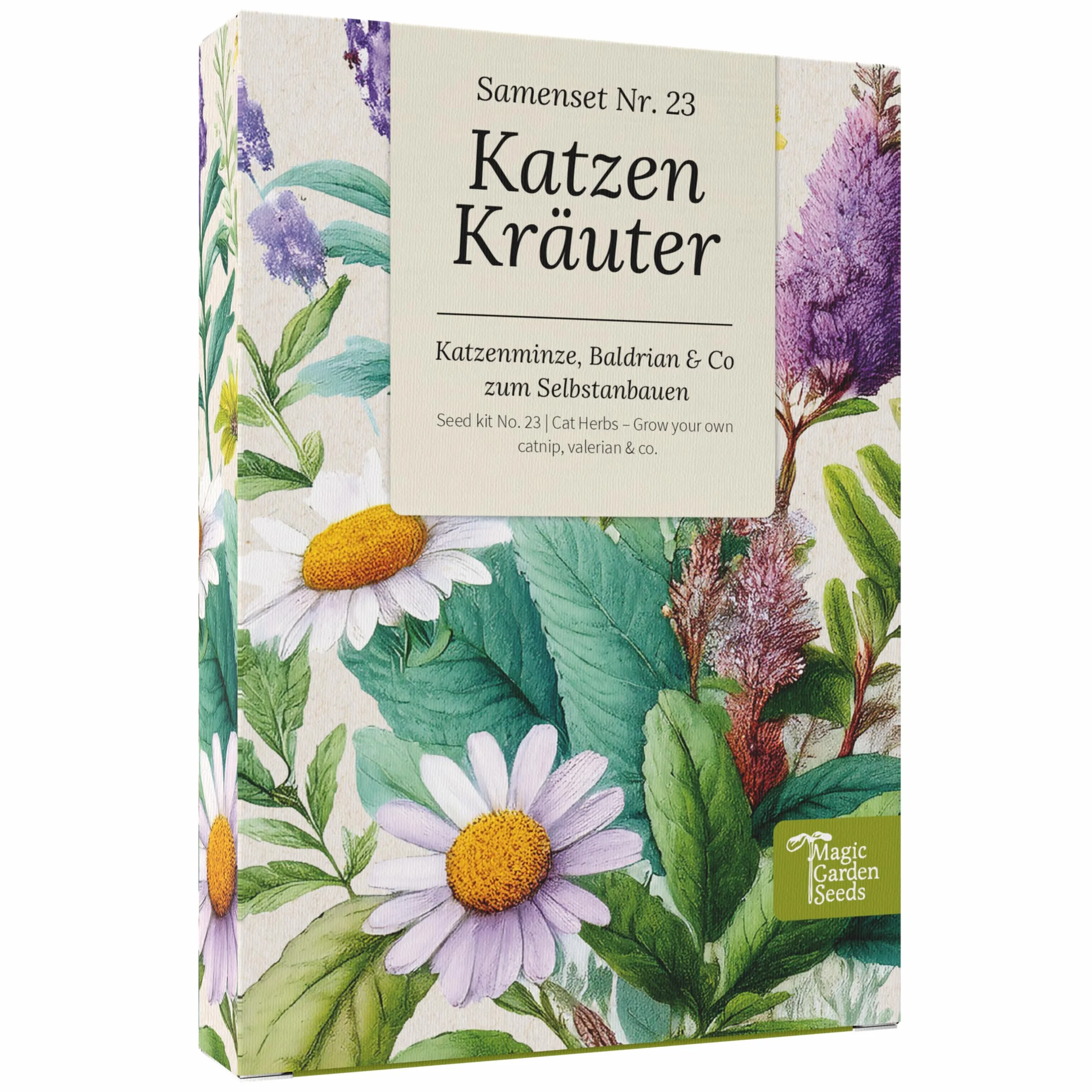 Magic Garden Seeds - Kocie zioła: kocimiętka, waleriana, szałwia muszkatołowa i trawa dla kotów – pudełko na nasiona z 4 ziołami do zabawy, gryzienia i relaksu