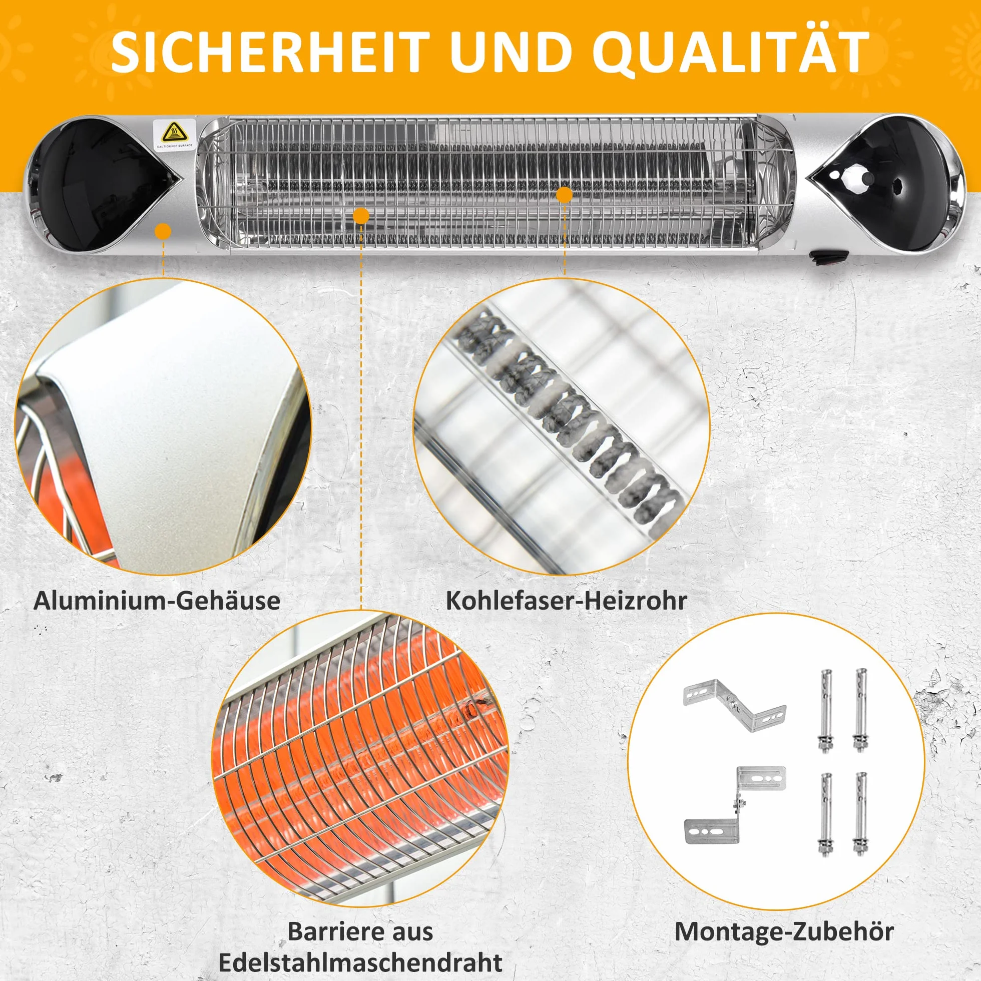 Grzejnik Outsunny, 4 poziomy grzania, 800/1200/1600/2000W, grzejnik elektryczny, grzejnik tarasowy do ogrodu z pilotem, wodoodporny, odporny na kurz, aluminium 88 x 13 x 9 cm