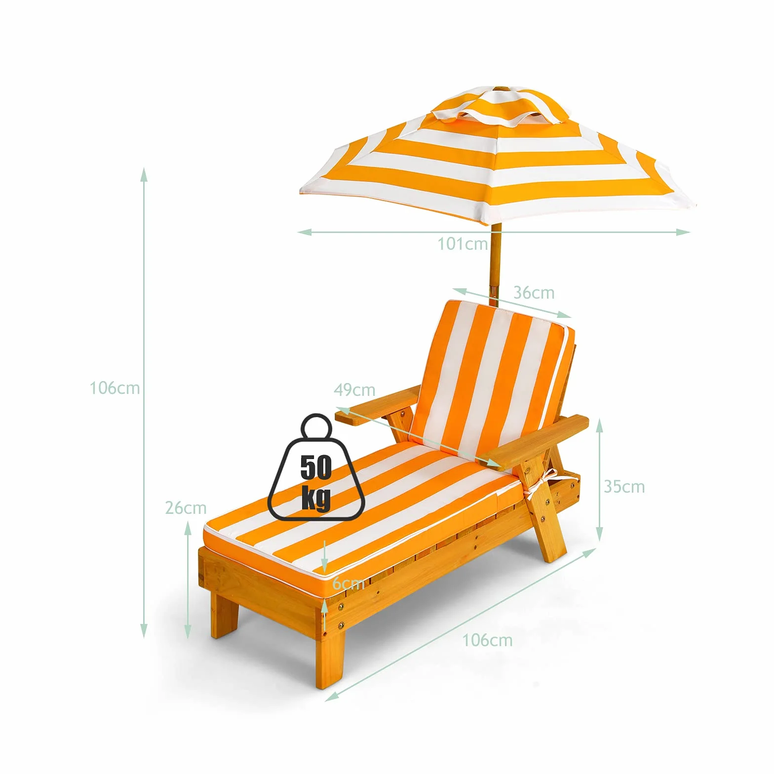 COSTWAY Leżak dziecięcy z parasolem przeciwsłonecznym i poduszką, leżak ogrodowy z drewna, leżak dla dzieci, obciążenie do 50 kg, meble ogrodowe dla dzieci