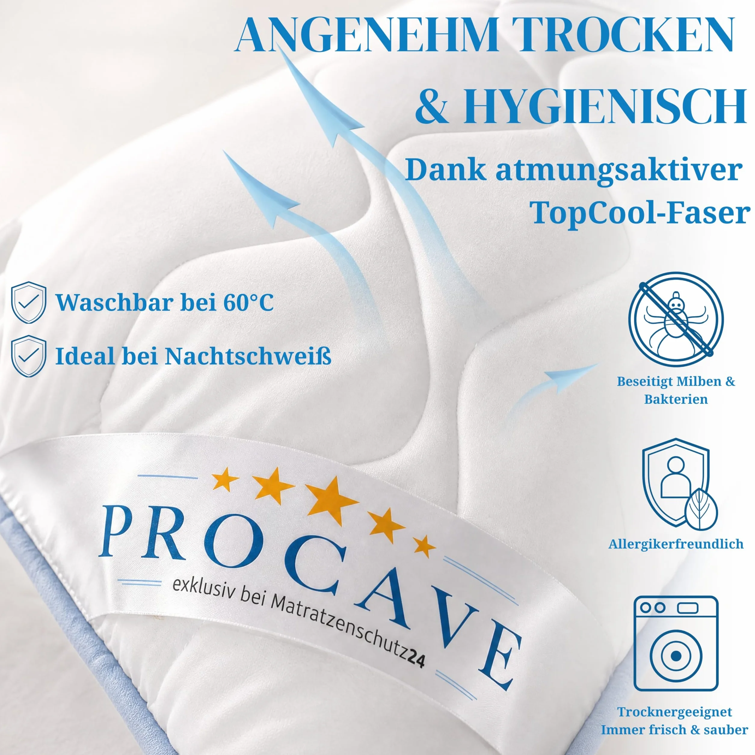 PROCAVE TopCool poduszka do spania na boku, z poszewką, poduszka do karmienia piersią, miękka poduszka ciążowa, 40 x 145 cm, produkt niemiecki
