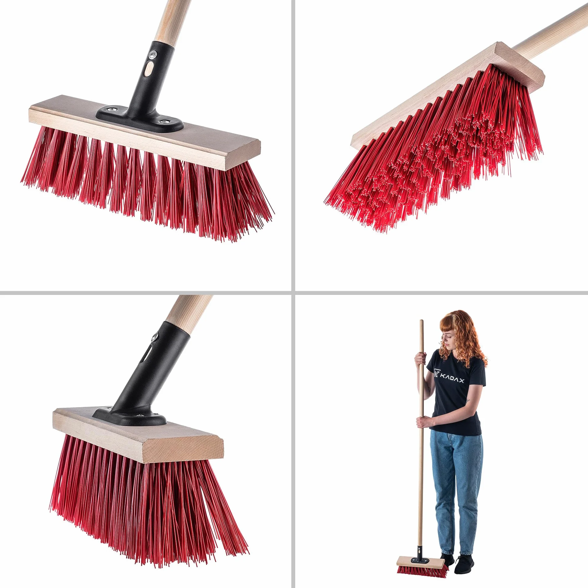 KADAX Miotła uliczna 30 cm, długi drewniany trzonek i metalowy uchwyt, wytrzymałe włosie nylonowe, kolor czerwony, do chodnika i podjazdu, skuteczna na piasek i brud