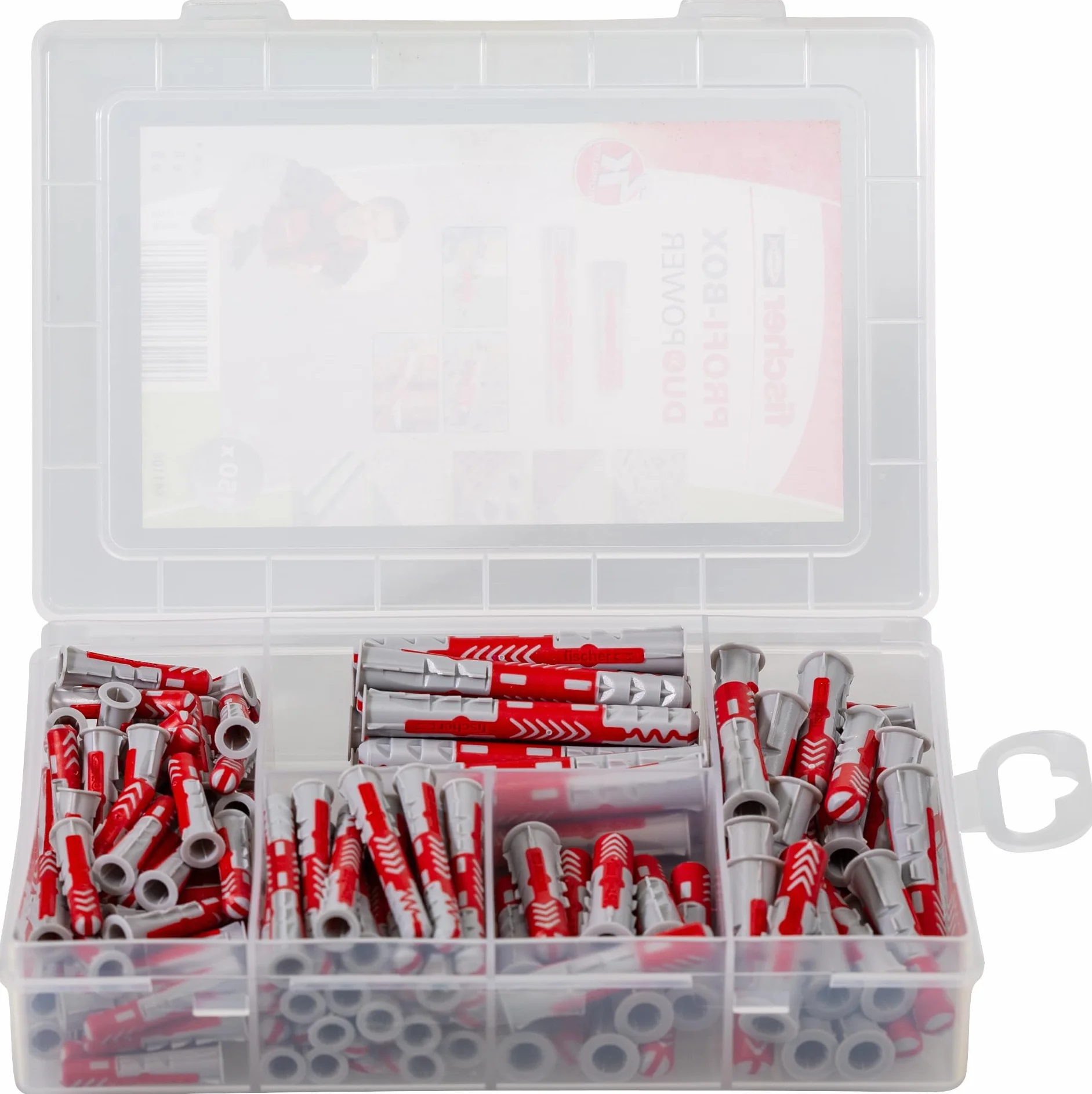 fischer Profesjonalne pudełko DuoPower krótkie/długie, pudełko z kołkami rozporowymi z 150 elementami (60 szt. 6 x 30, 40 szt. 8 x 40, 30 szt. 6 x 50, 20 szt. 8 x 65), uniwersalne kołki, praktyczna