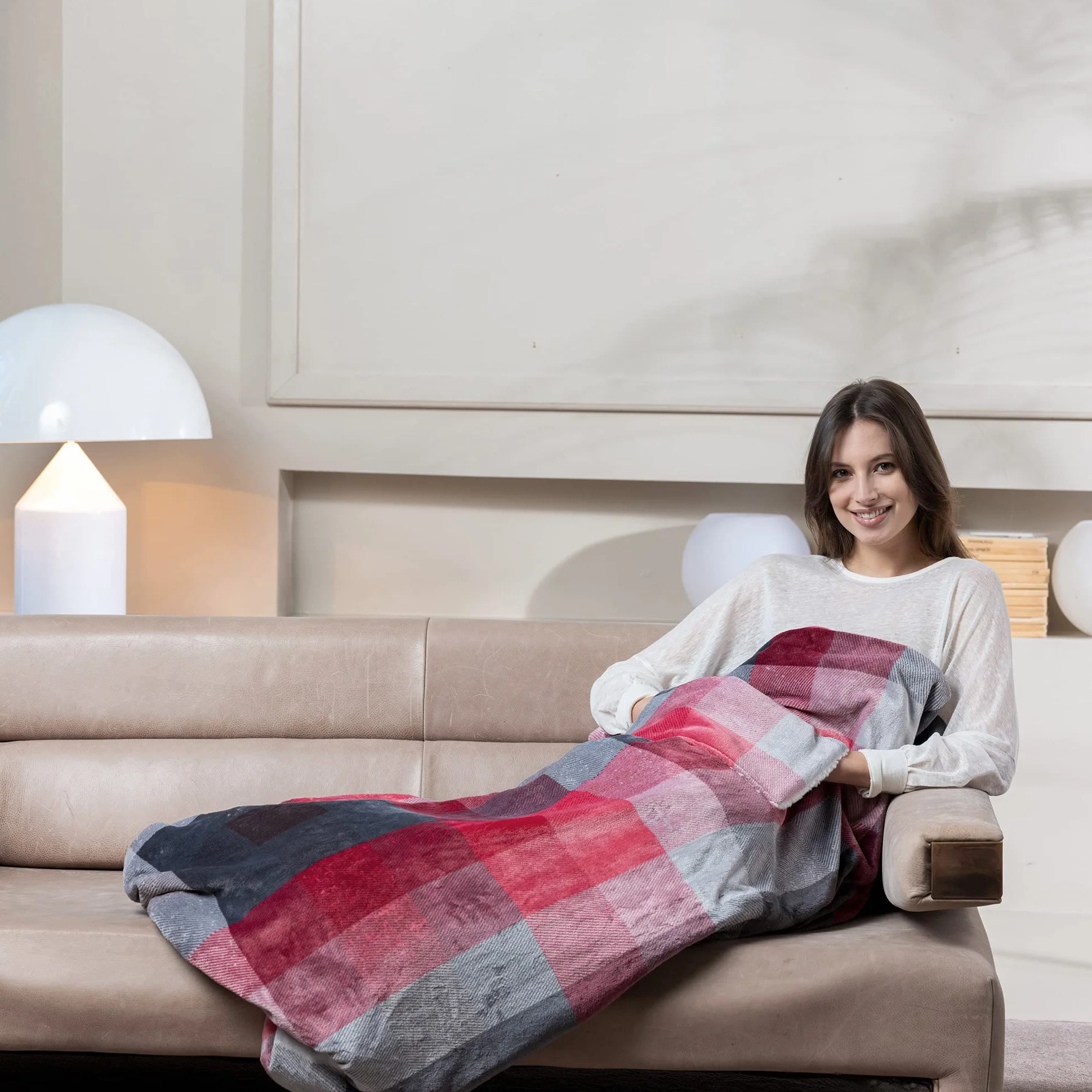 Imetec adapto velvet tartan pled podgrzewana kieszeń na dłonie i stopy, Koc elektryczny 150x110 cm, Niskie zużycie energii, Adaptacyjna technologia, Bezpieczny, Szybkie ogrzewanie, 6 temperatury, Prać
