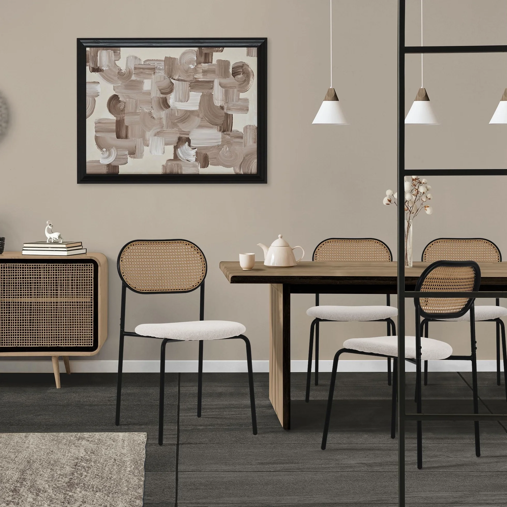 ML-Design zestaw 4 bezowych krzesel do jadalni, krzesla kuchenne z rattanowym oparciem, krzesla tapicerowane z zakrzywionym oparciem z siatki metalowymi nogami, krzesla tapicerowane bez podlokietników