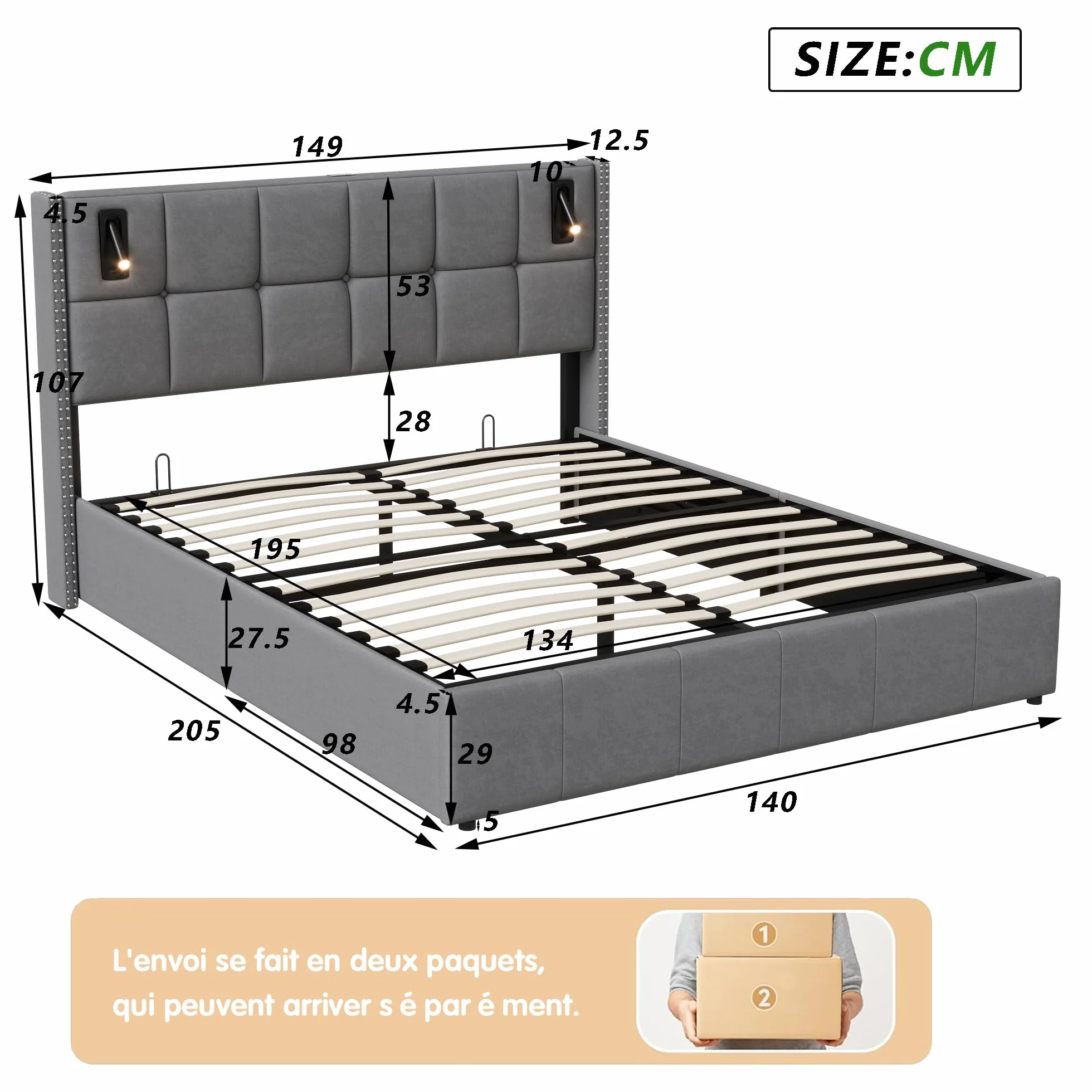 Łóżko podwójne pikowane, 140 x 200 cm, łóżko pięciowe i LED, 140 x 200 z zagłówkiem i miejscem do przechowywania, łóżko 2-osobowe z listwami, rama łóżka, bez materaca, aksamit