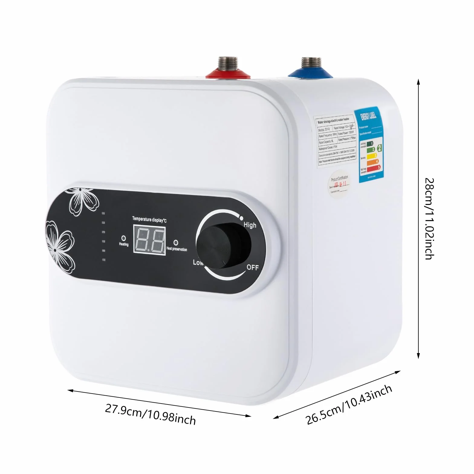 Podblatowy bojler 8 l, 1500 W, elektryczny podgrzewacz wody, mini podgrzewacz wody, podgrzewacz wody 30-65°C, natychmiastowy mały podgrzewacz wody do kuchni, łazienki