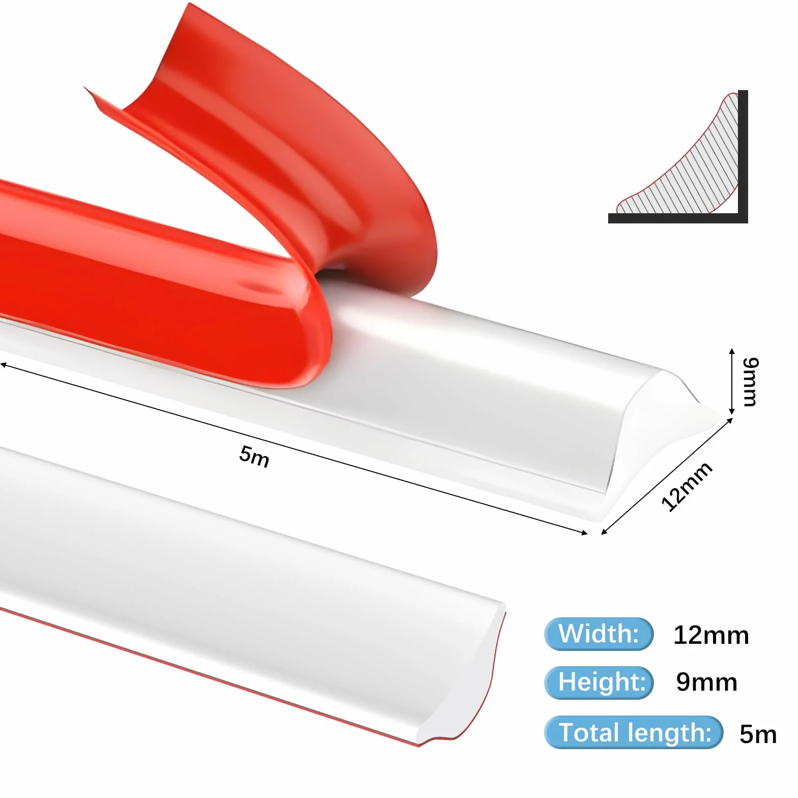 Zocipro Elastyczne listwy samoprzylepne 5 m, listwa wykończeniowa do ścian narożnych 9x12 mm, listwa samoprzylepna na ścianę, szafki, podłogi, sufity, listwy przypodłogowe, listwy przypodłogowe,