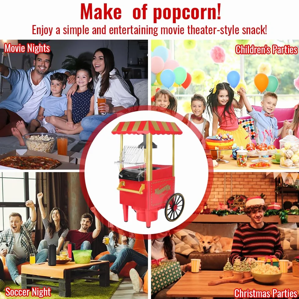 Maszyna do popcornu w stylu retro, na gorące powietrze, do beztłuszczowego i bezolejowego popcornu, zdrowa maszyna do popcornu do domu, czerwona, maszyna do popcornu bez oleju