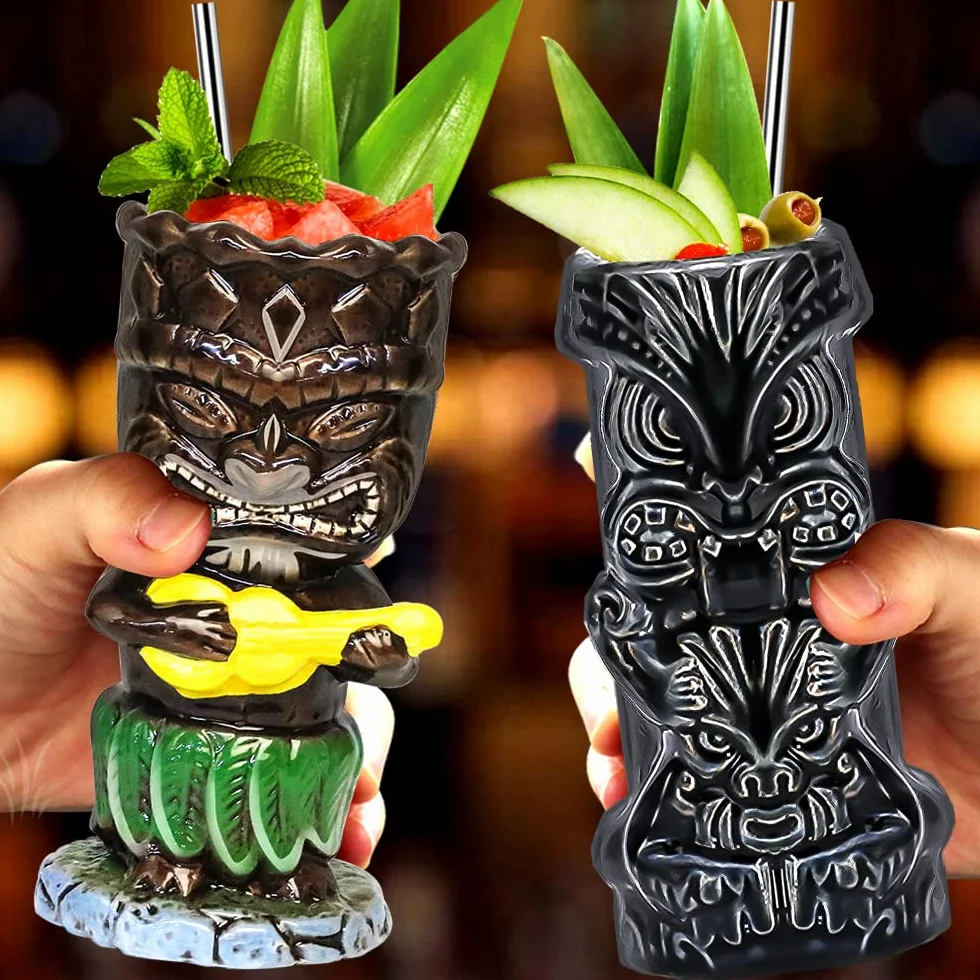 Kubki tiki na koktajle, zestaw 4 dużych ceramicznych tropikalnych kubków, hawajskie, kreatywne, do baru, premium, egzotyczne