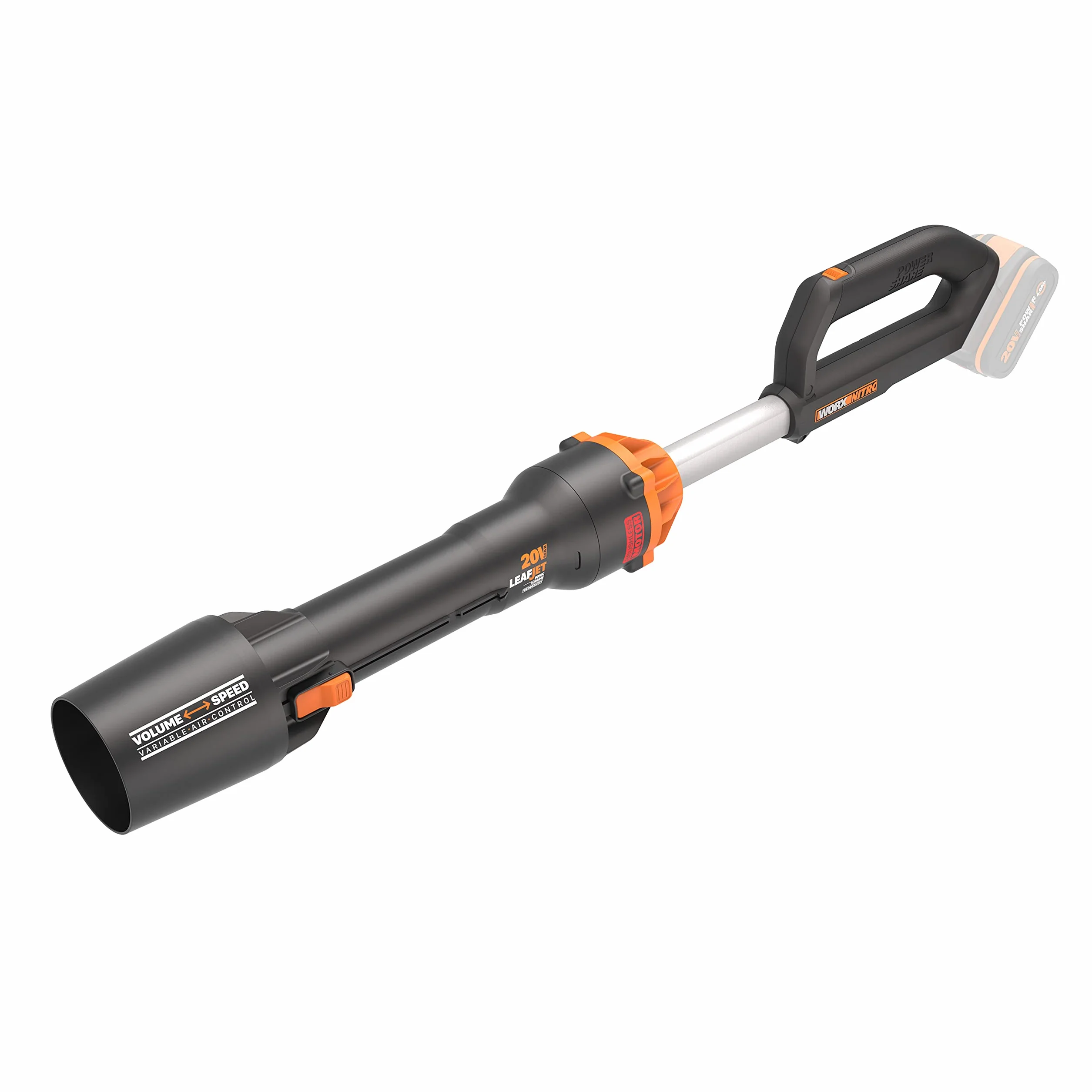 WORX WG543E.9 Nitro Akumulatorowa Dmuchawa do Liści Leafjet 20V, Silnik Bezszczotkowy, Zmienna Regulacja Powietrza, Niższe Zużycie Akumulatora, Większa Moc, bez Akumulatora i Ładowarki