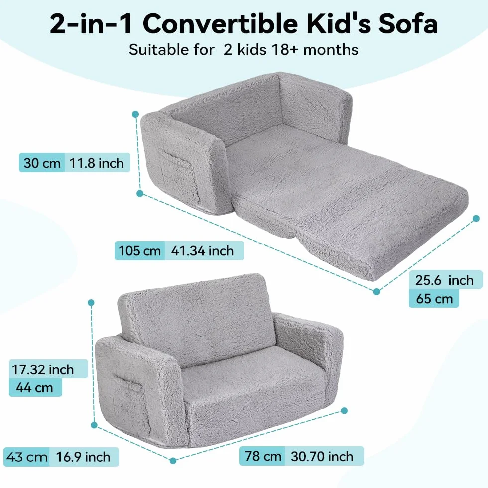 Sofa dla dzieci 2 w 1, bardzo szerokie krzesło dla malucha z bocznymi kieszeniami i zdejmowanym pokrowcem, rozkładane fotele dziecięce dla dziewcząt i chłopców (szary)