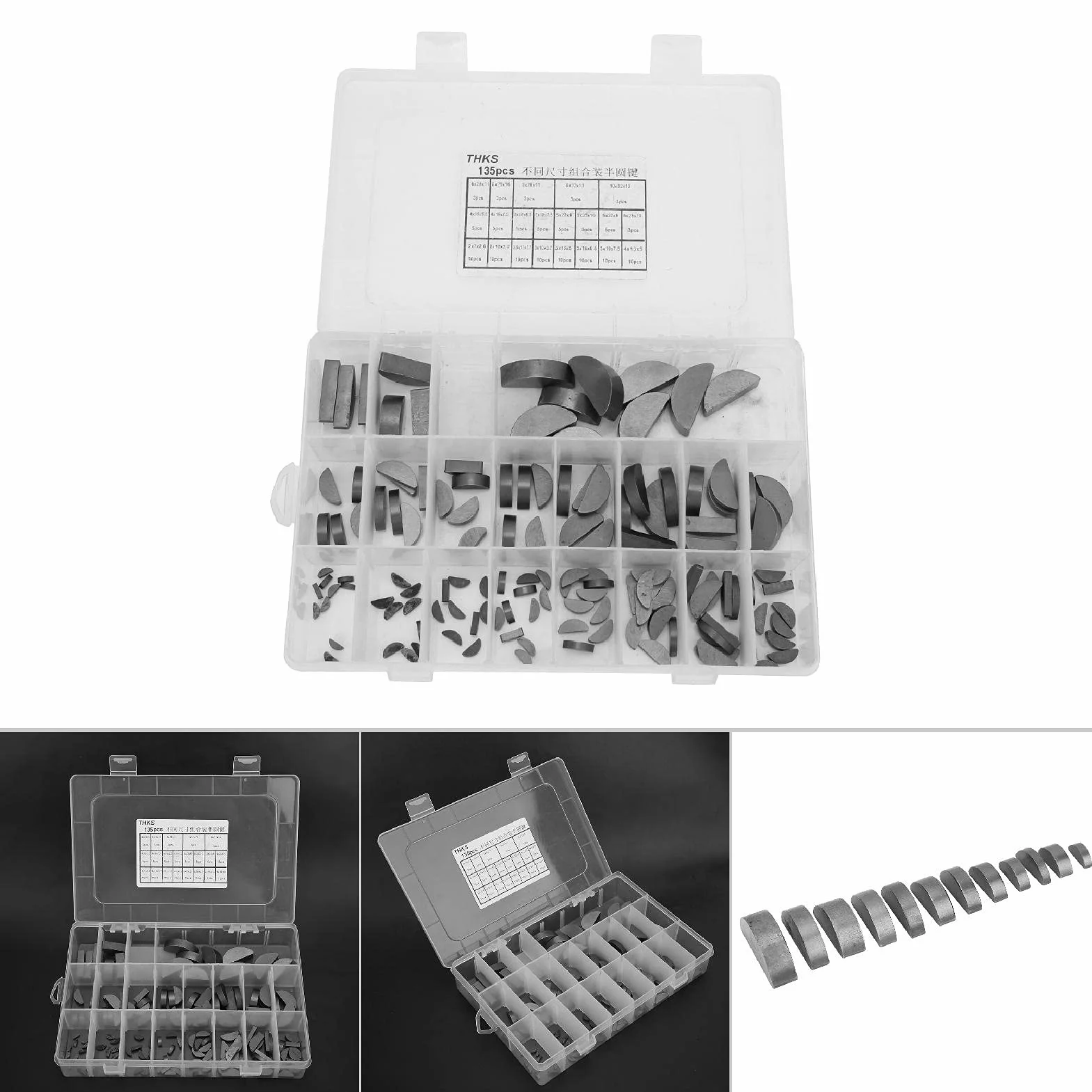 Woodruff Key Assortment Kit 135 sztuk metalowych kluczy do drewna półksiężycowego koło zamachowe koło zamachowe koło pasowe droga korbowa, zestaw sprzętowy do uniwersalnego zastosowania, dobra trwałość