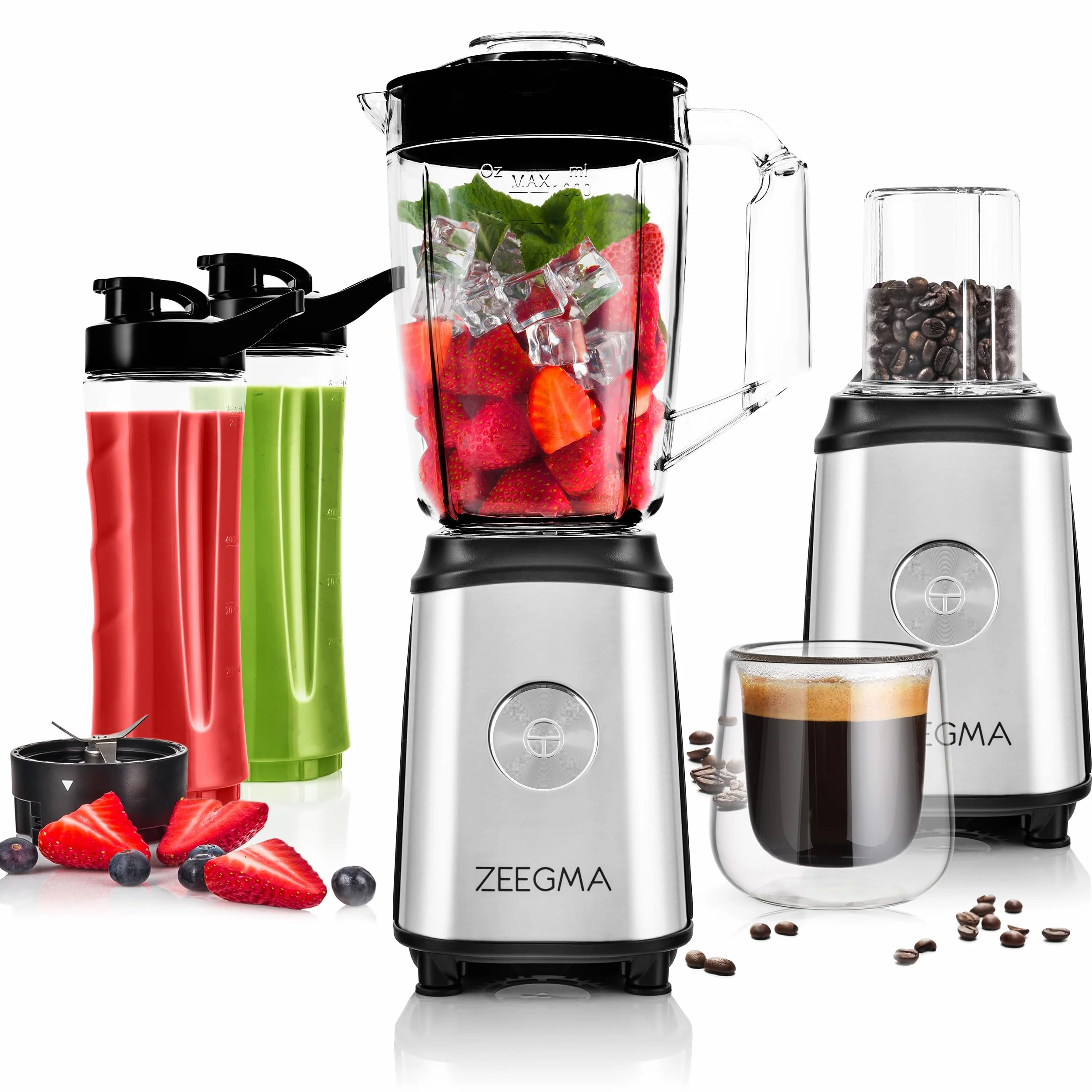 ZEEGMA Vitamine blender 4w1, mikser, młynek do kawy, silnik 1050W, dewa zestawy noży, duży kielich 1l, 2 bidony 600ml, metalowa obudowa, system ThermoFuse, tryb pulsacyjny, BPA free