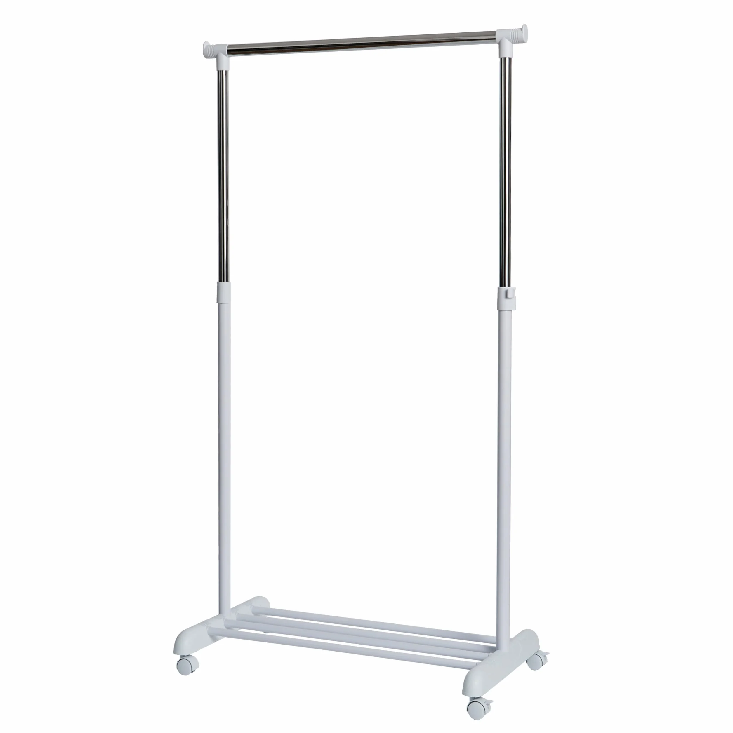 LOVE !T STORE !T Wieszak na ubrania z regulacją wysokości – stabilny wieszak na ubrania – wózek garderobiany na kółkach z półką na buty – 84 x 44 x 101 – 165 cm – biały/chrom