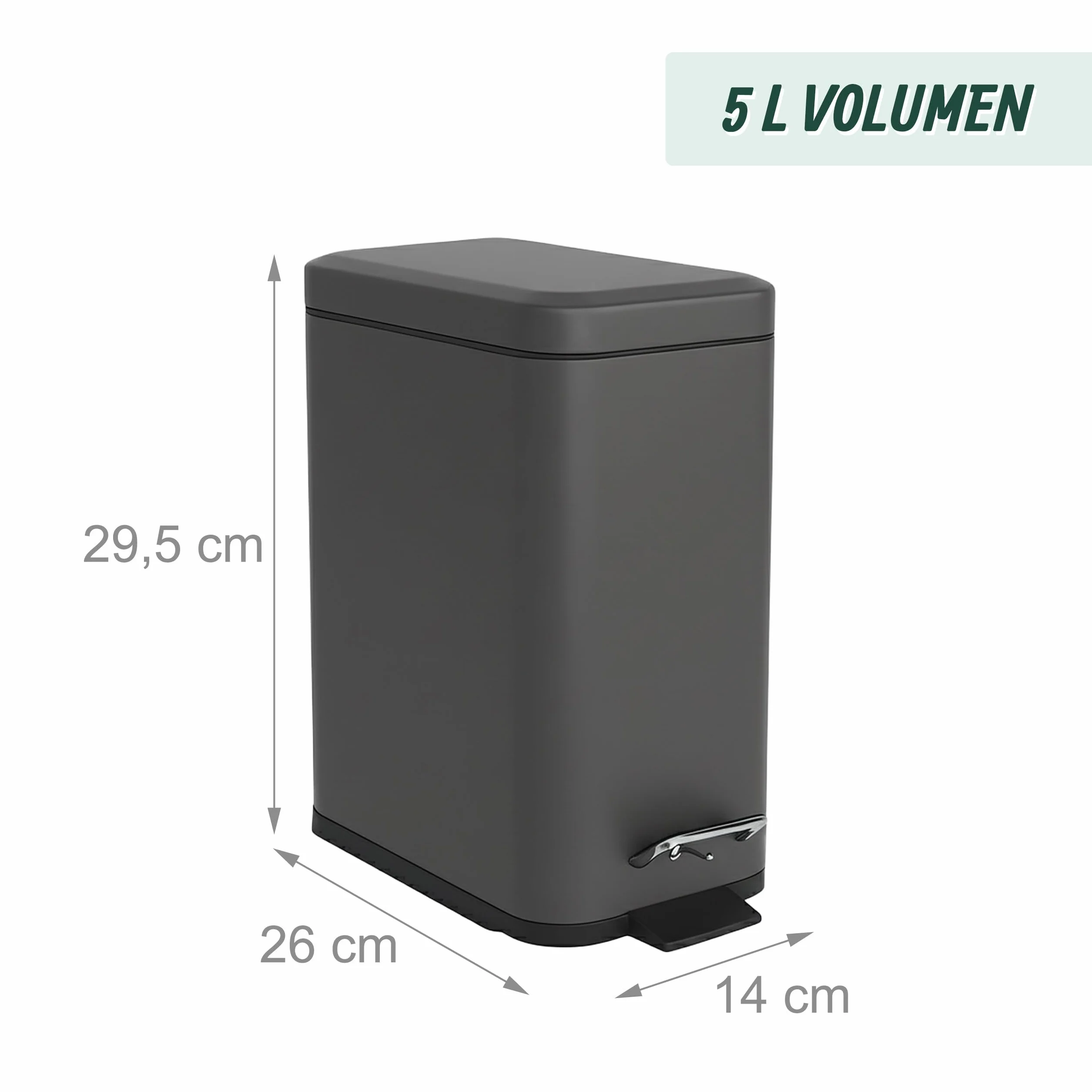 Relaxdays Kosz na śmieci łazienkowy, 5 l, wiadro kosmetyczne z miękkim zamknięciem, matowy design, kosz na śmieci, ciemnoszary
