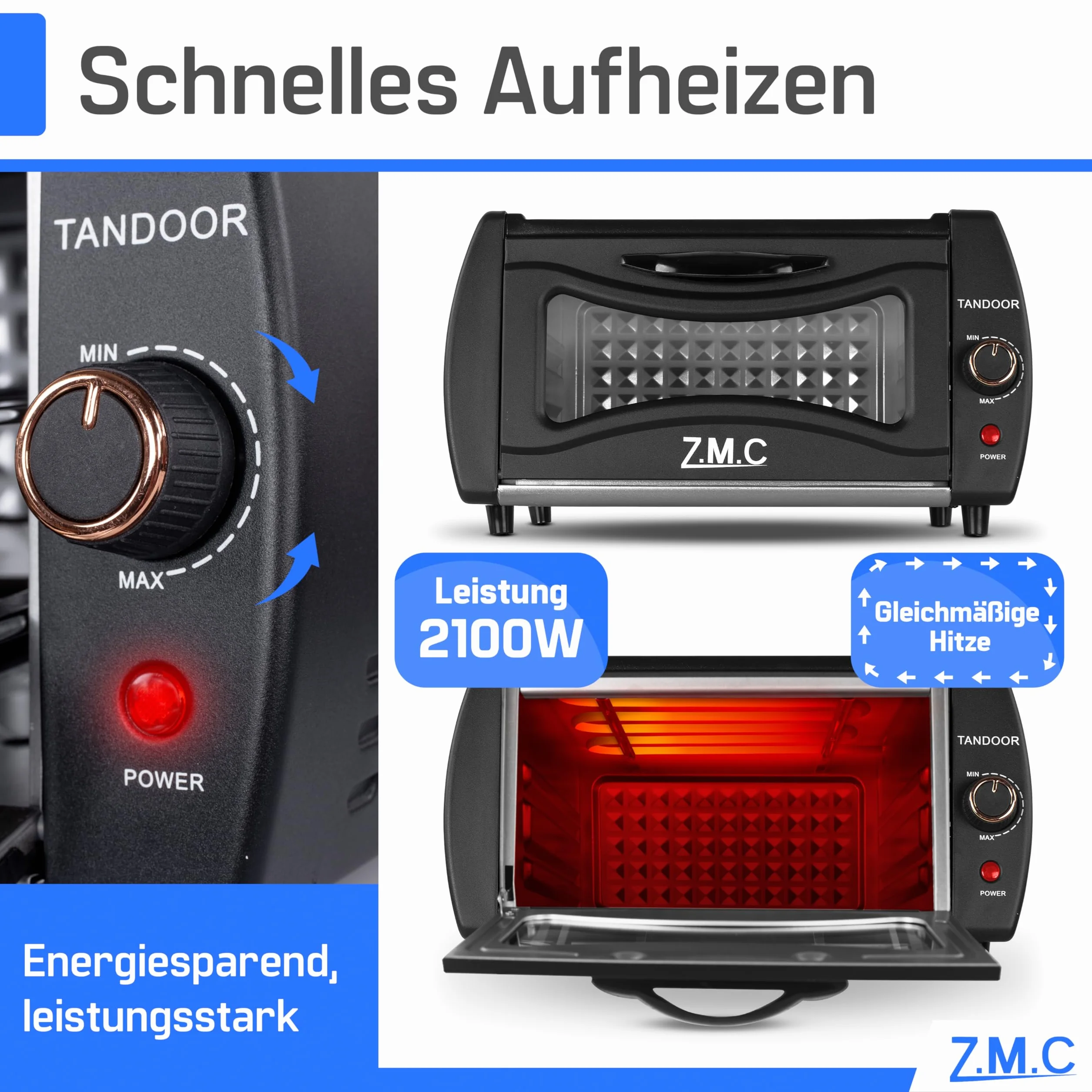 ZMC Mini Tandoor 2100 W 22 l – piekarnik do lahmacun, pizzy, naan i chleba, w zestawie blacha do pieczenia i ruszt do grillowania. Szybkie nagrzewanie, idealny