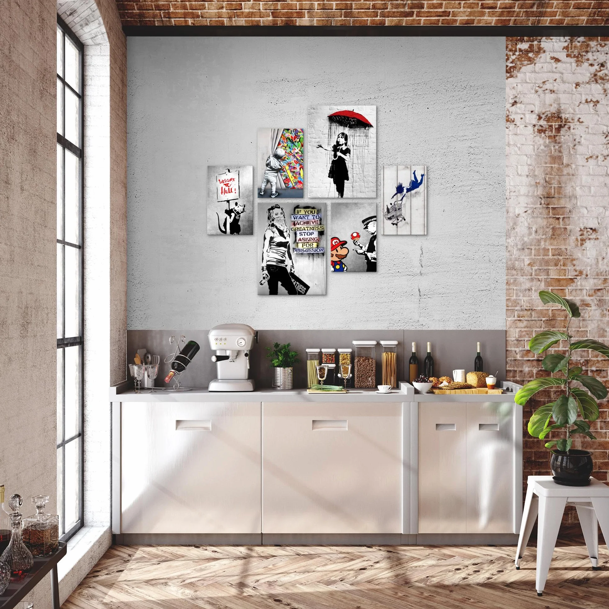 Zestaw obrazów – gotowy do zawieszenia – nie wymaga dodatkowej ramy – Banksy Collage Modern Street Art – salon, biuro N019463a