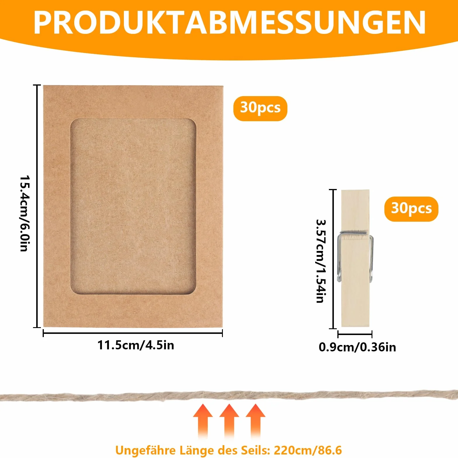 30 szt. papierowych ramek na zdjęcia, z papieru typu kraftowego, 15,2 x 11,5 cm, kartonowa ramka na zdjęcia do majsterkowania, girlanda do zawieszenia z drewnianymi klamerkami i liną konopną do