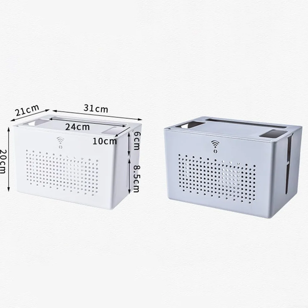 Bezprzewodowy router WiFi, skrzynka do przechowywania, modem sieciowy, osłona routera, półka listwa zasilająca i zarządzanie kablami, stojak biurowy, zorganizowane półki (szary)