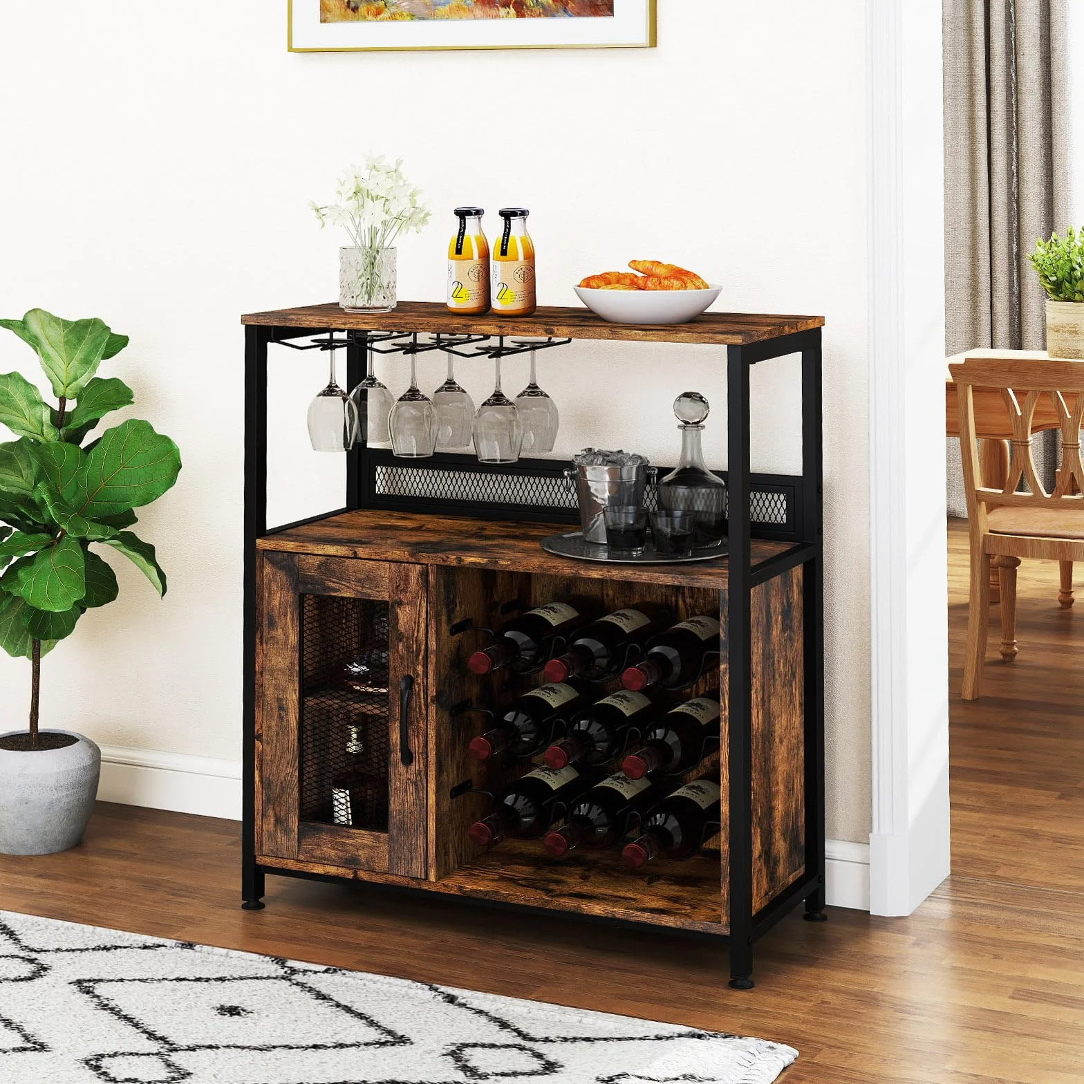 COSTWAY Industrialna szafka na wino, szafka kuchenna ze zdejmowanym regałem na wino i wbudowanymi uchwytami na szkło, komoda drewniana, wolnostojąca, 75 x 34 x 90,5 cm